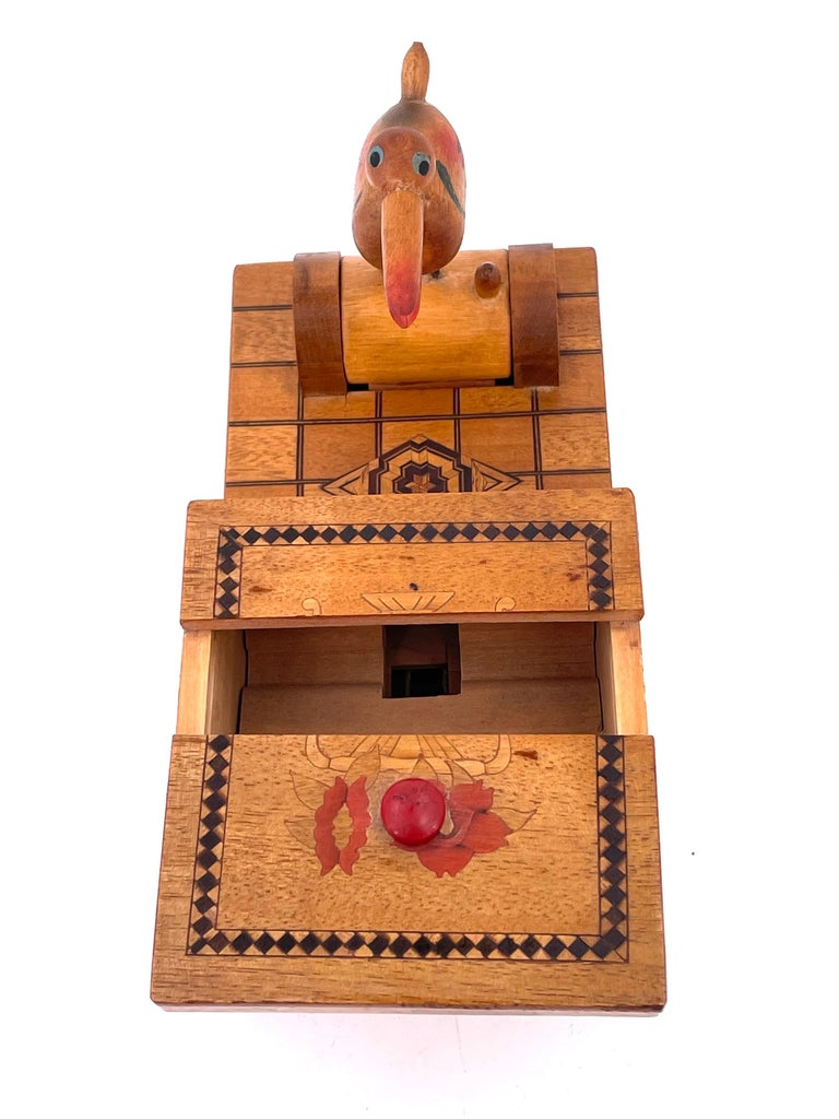 Whimsical Mechanical Bird Cigarette Box Holder Inlay Mix Woods at 1stDibs