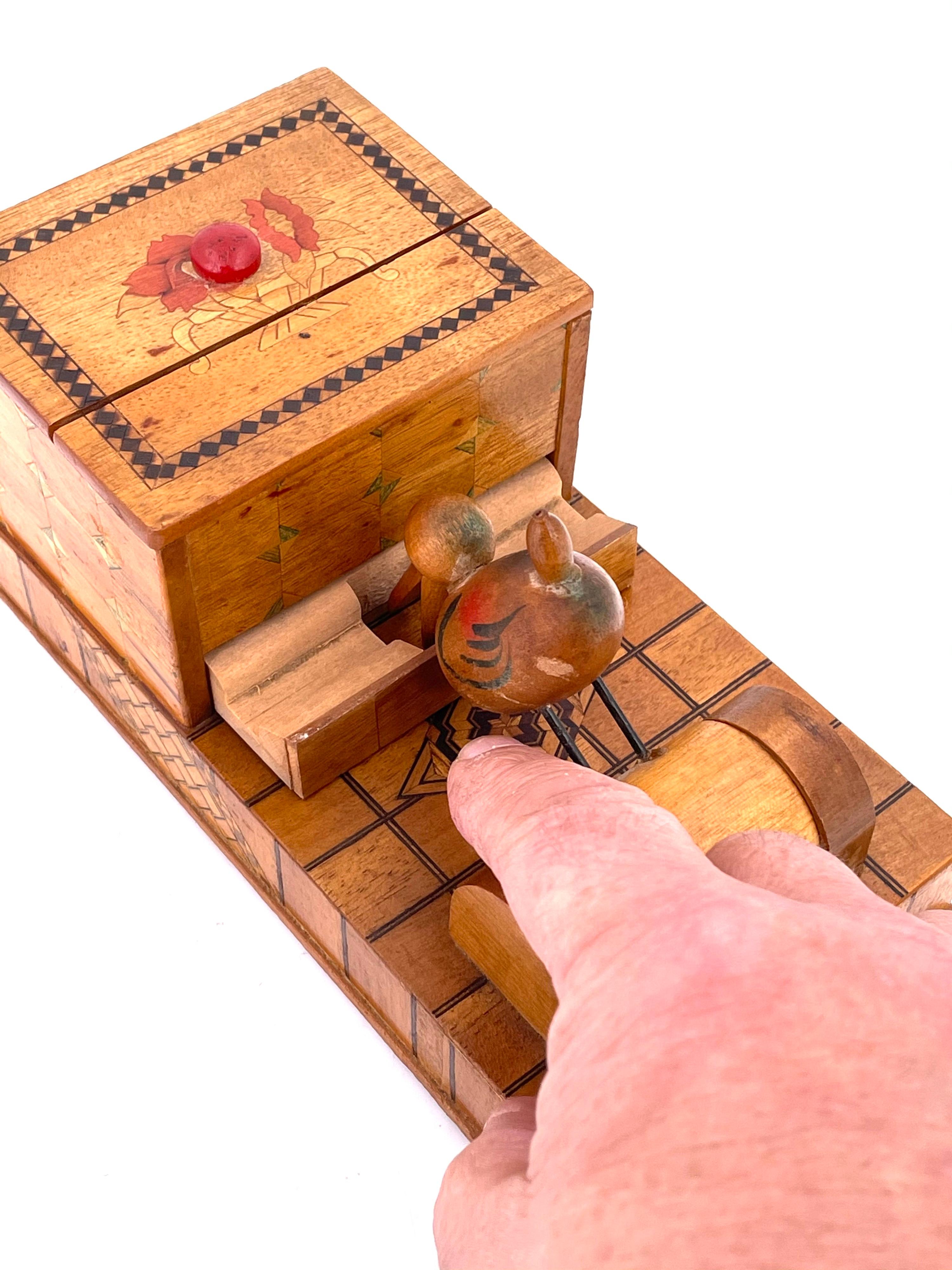 Japanese Whimsical Mechanical Bird Cigarette Box Holder Inlay Mix Woods