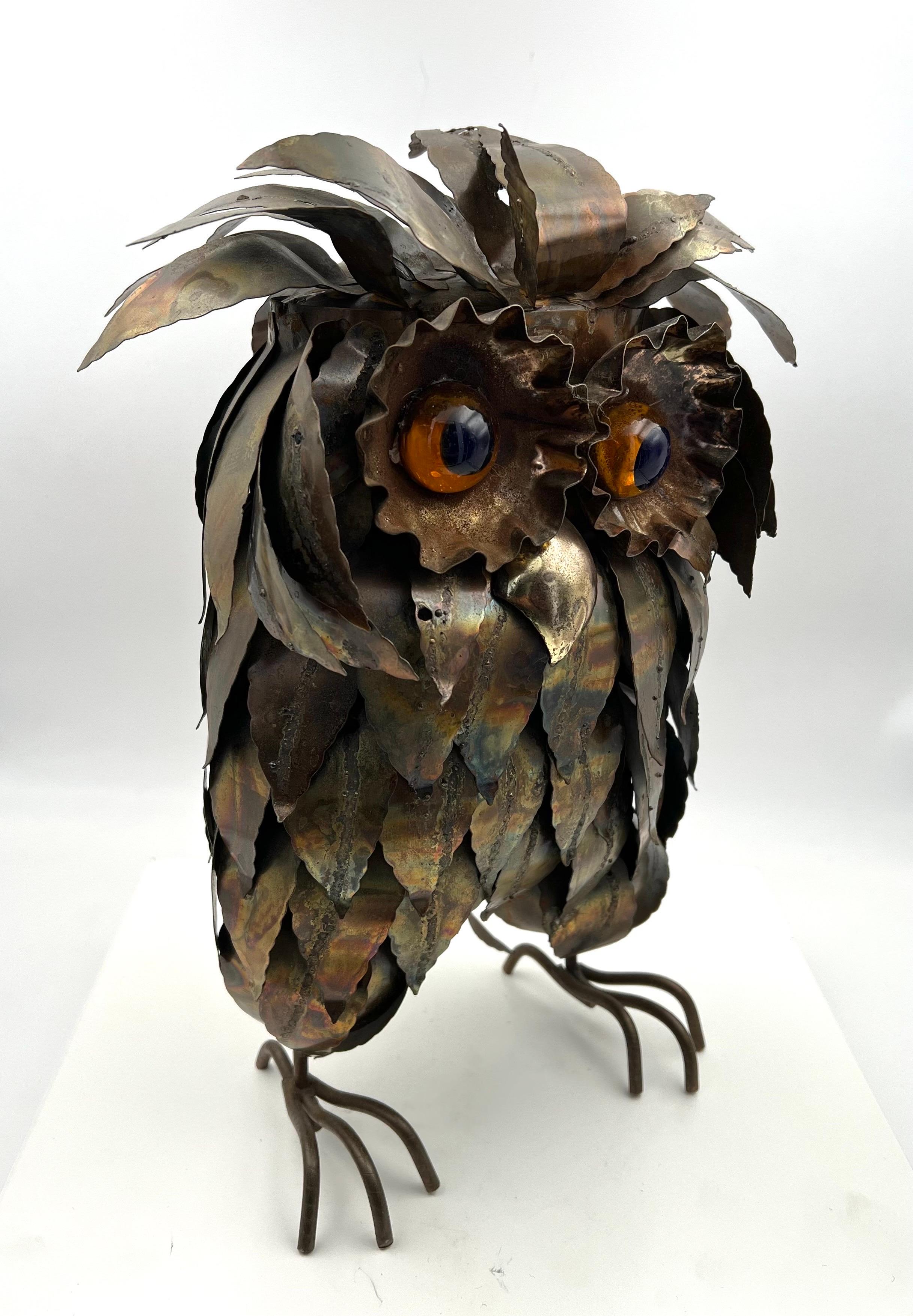 Hollywood Regency Whimsical Metal Brutal Style Owl Sculpture, circa 1960s For Sale