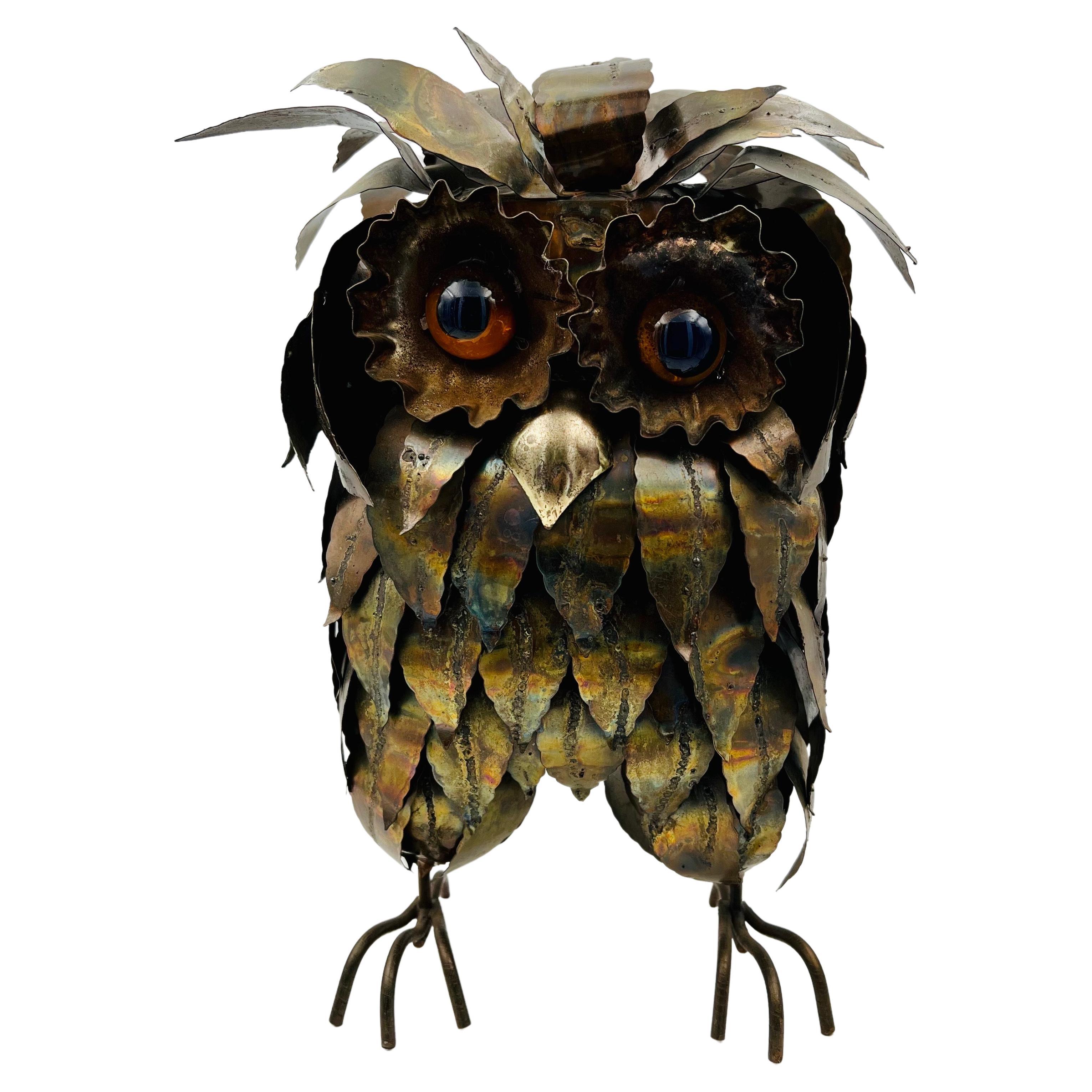 Whimsical Metal Brutal Style Owl Sculpture, circa 1960s For Sale