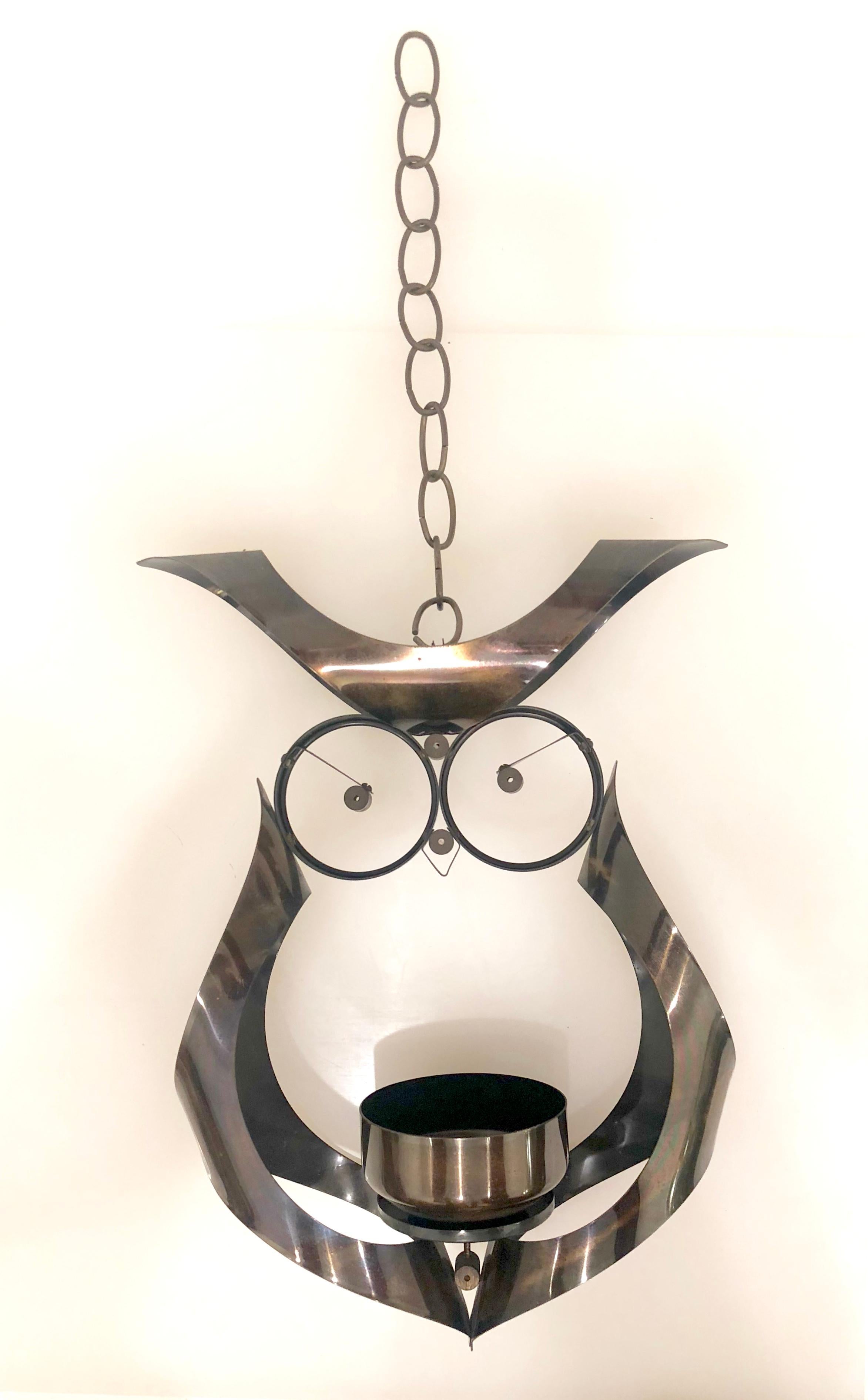 Brutalist Whimsical Metal Hanging Owl Candleholder 