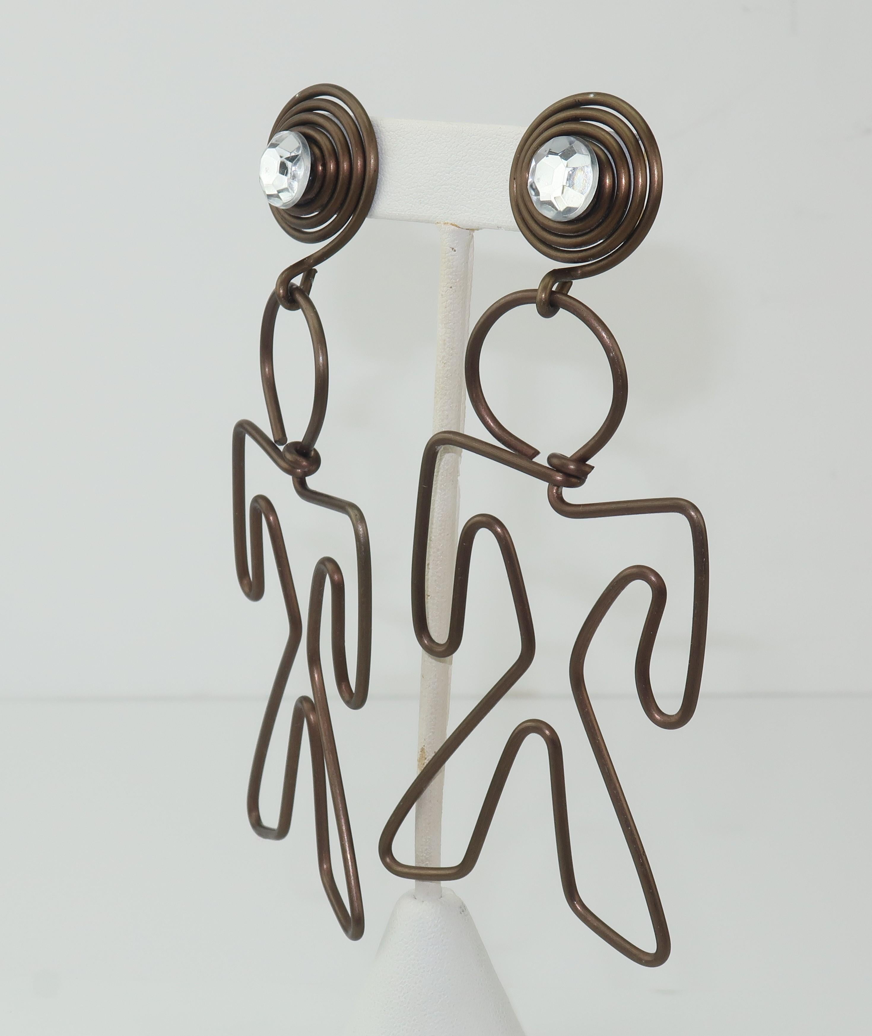 Large whimsical bronzed finish wire figural earrings accented by mirrored back rhinestones with pierced post backs.  Perfect for adding a unique look.  Artisan made though unsigned.  Very good condition with a little loss of bronze finish as shown