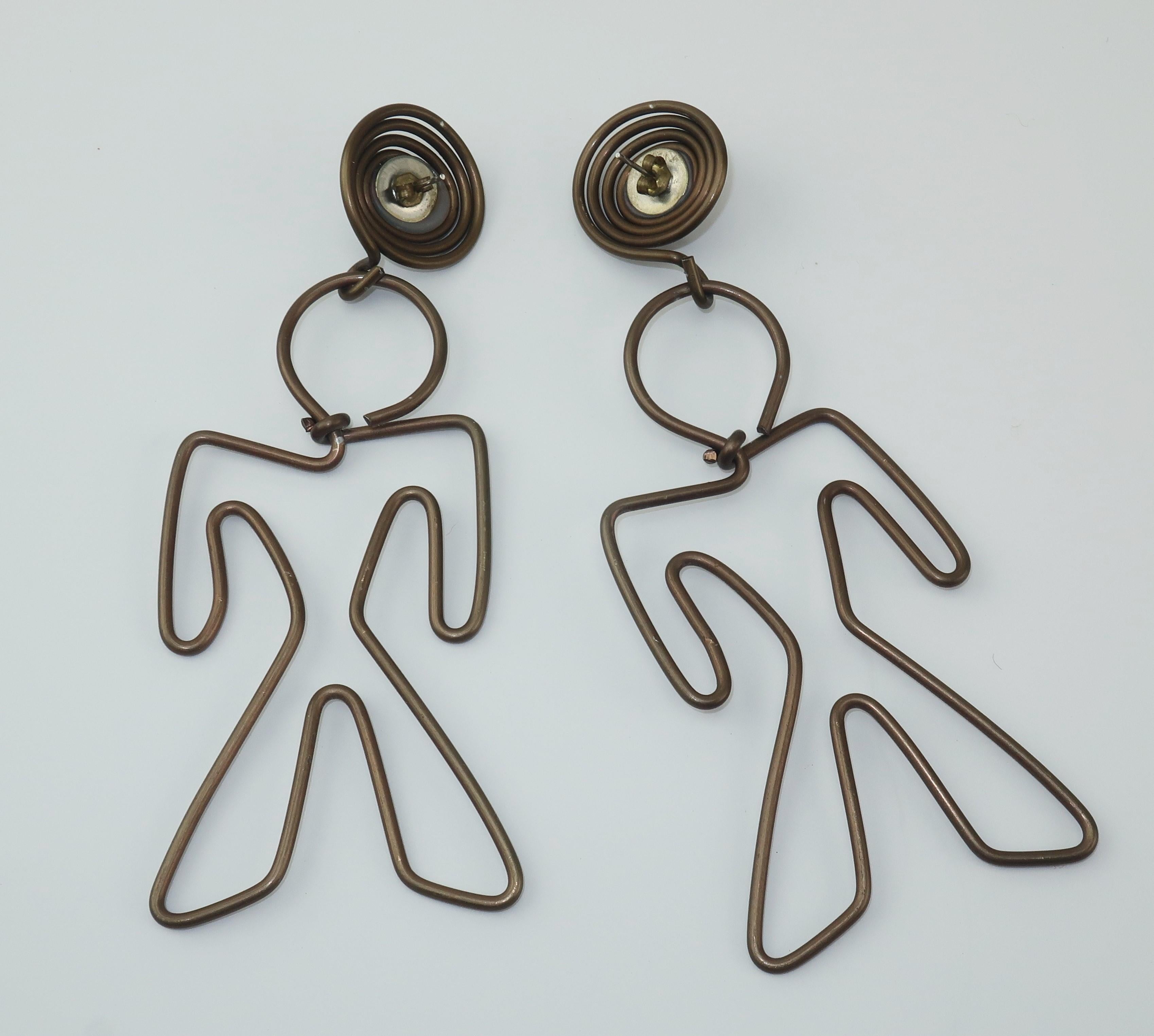 Whimsical Metal Wire Figure Earrings With Rhinestones, 1980's 1