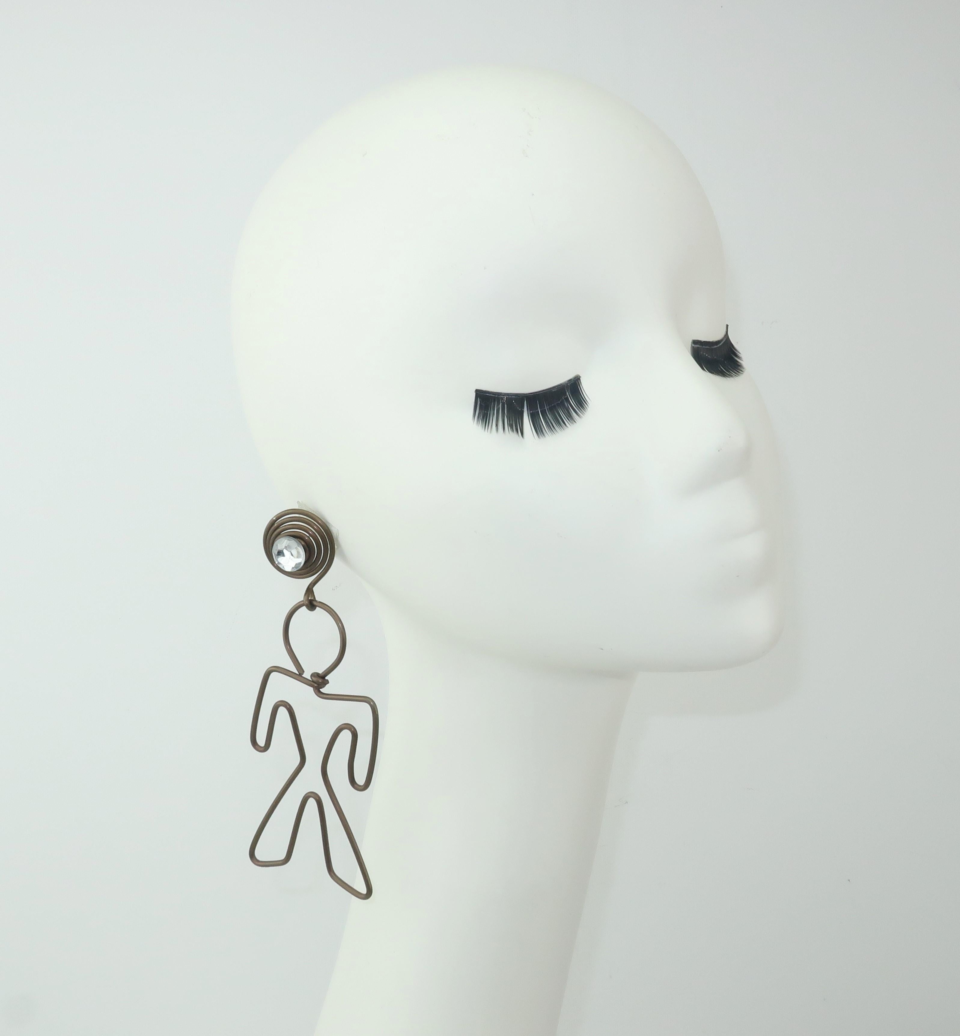 Whimsical Metal Wire Figure Earrings With Rhinestones, 1980's 3