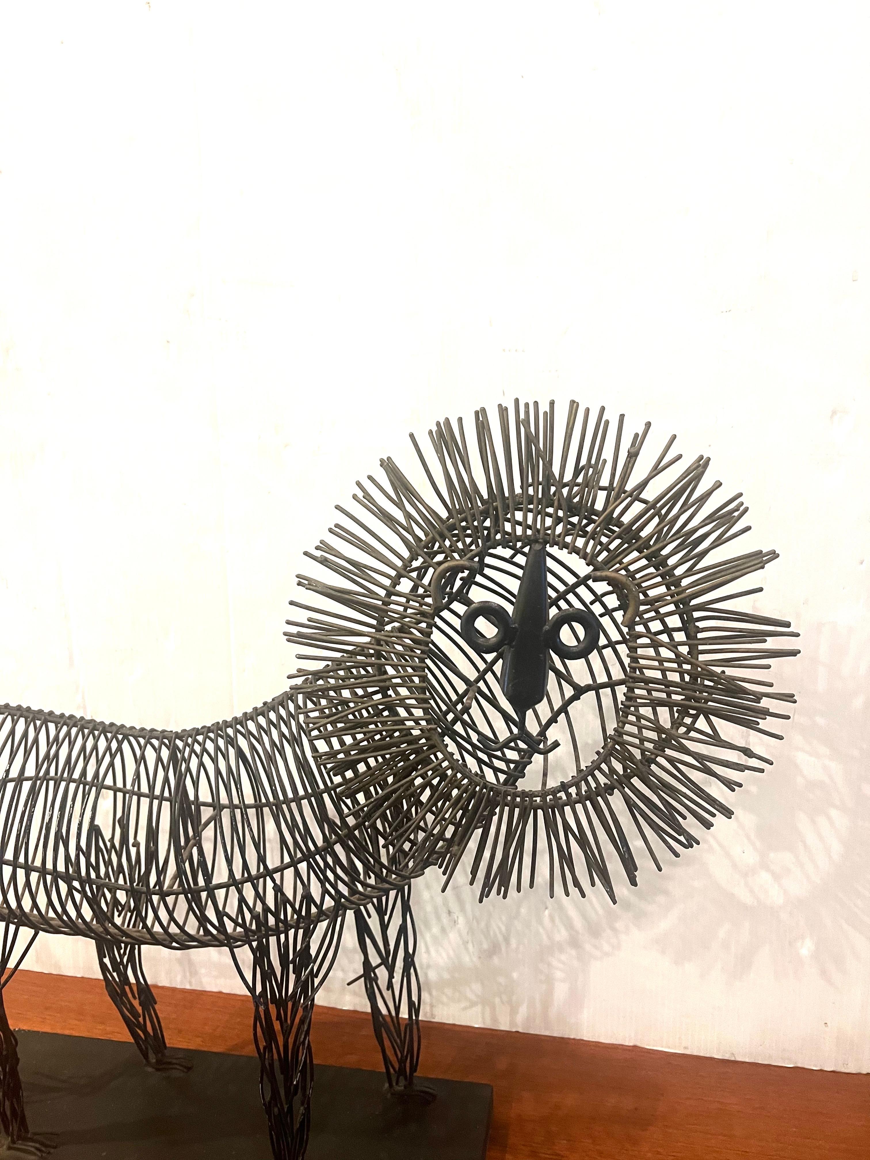 Mid-Century Modern Whimsical Metal Wire Large Lion Sculpture in the Style of C. Jere For Sale