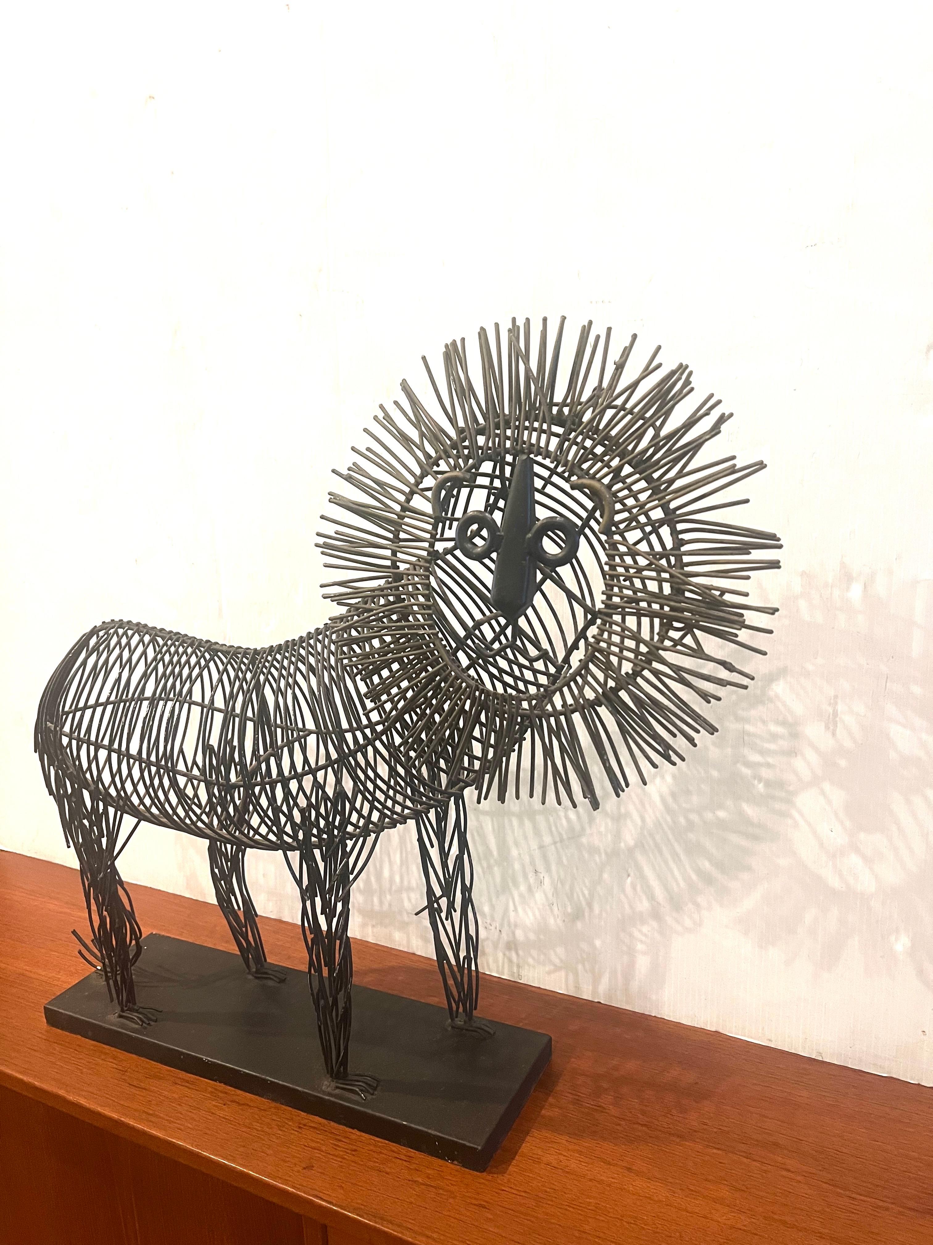 American Whimsical Metal Wire Large Lion Sculpture in the Style of C. Jere For Sale