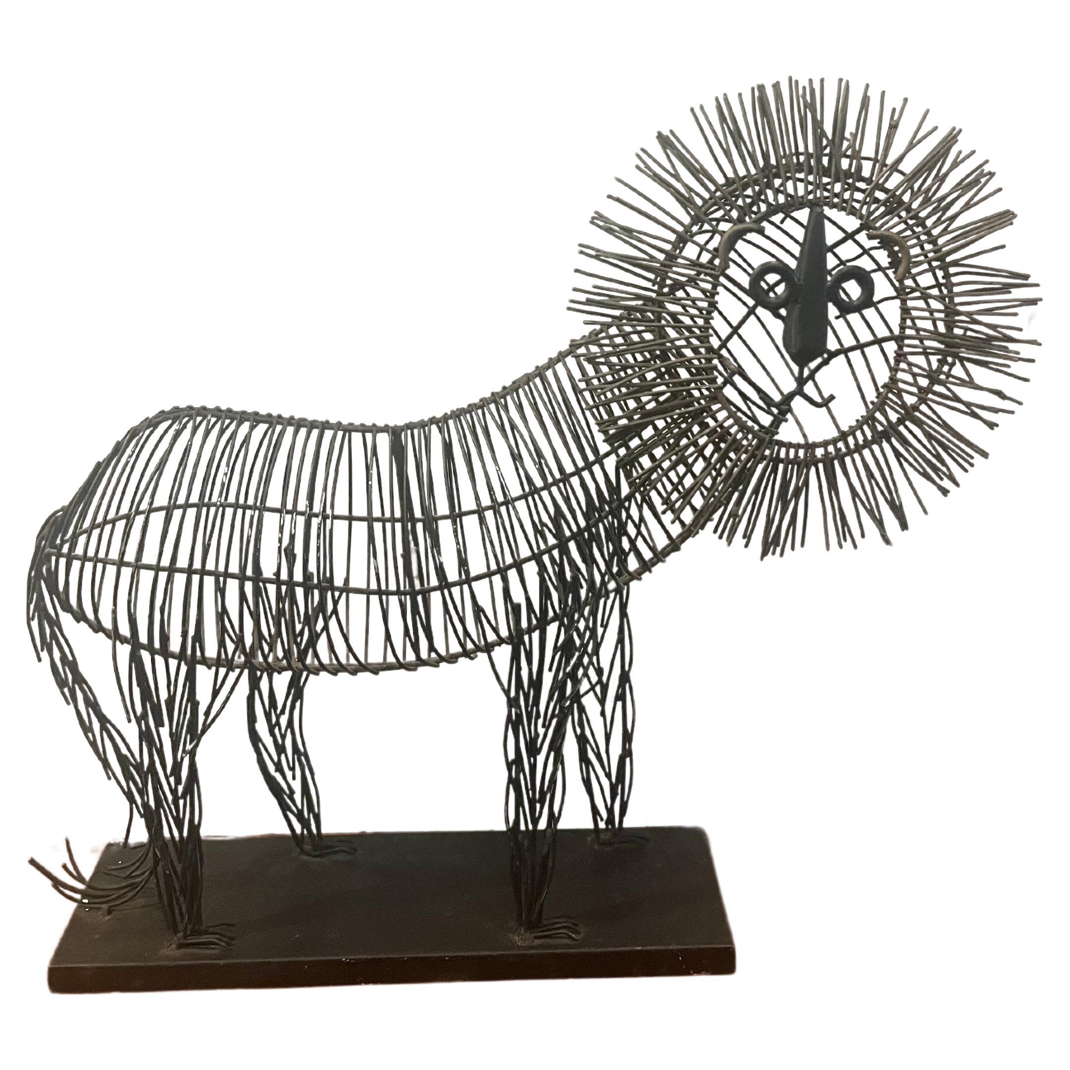 Whimsical Metal Wire Large Lion Sculpture in the Style of C. Jere For Sale