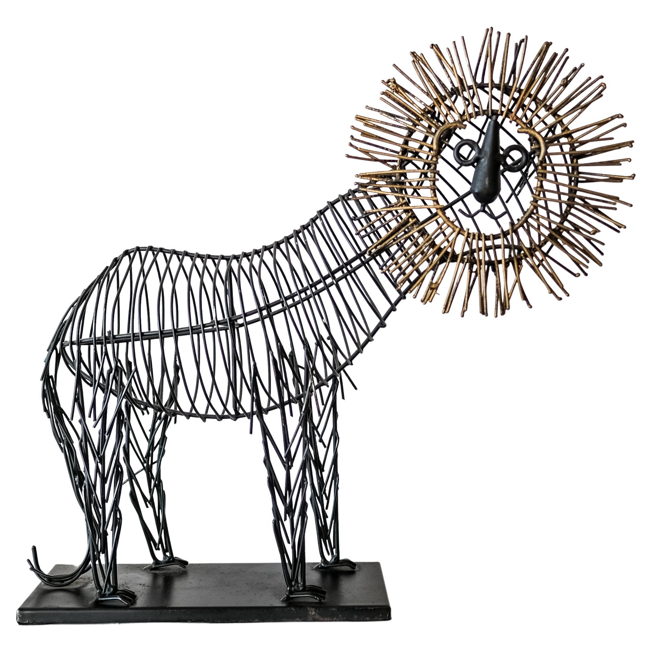 Whimsical Metal Wire Lion Sculpture in the Style of C. Jere For Sale