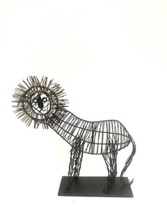 Whimsical Metal Wire Lion Sculpture Unsigned in the Style of C. Jere