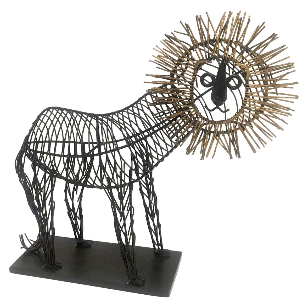 Whimsical Metal Wire Lion Sculpture Unsigned in the Style of C. Jere