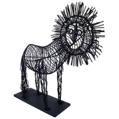 Whimsical Metal Wire Lion Sculpture Unsigned in the Style of C. Jere
