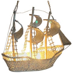 Whimsical Meticulously Detailed Wicker Ship Chandelier