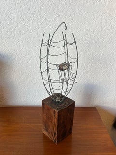 Whimsical Mid Century Kinetic Spider in Web Sculpture, Metal