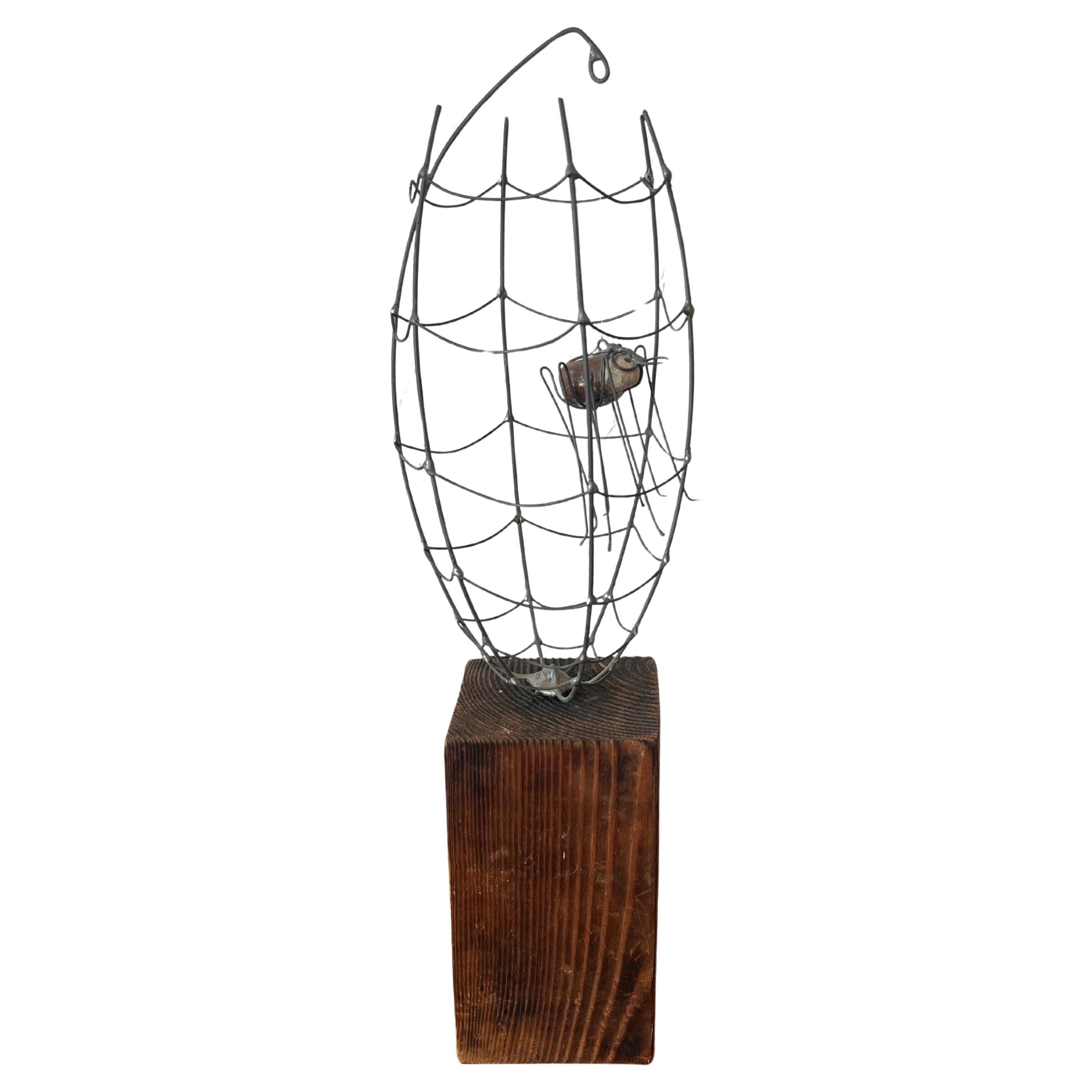 Whimsical Mid Century Kinetic Spider in Web Sculpture, Metal en venta