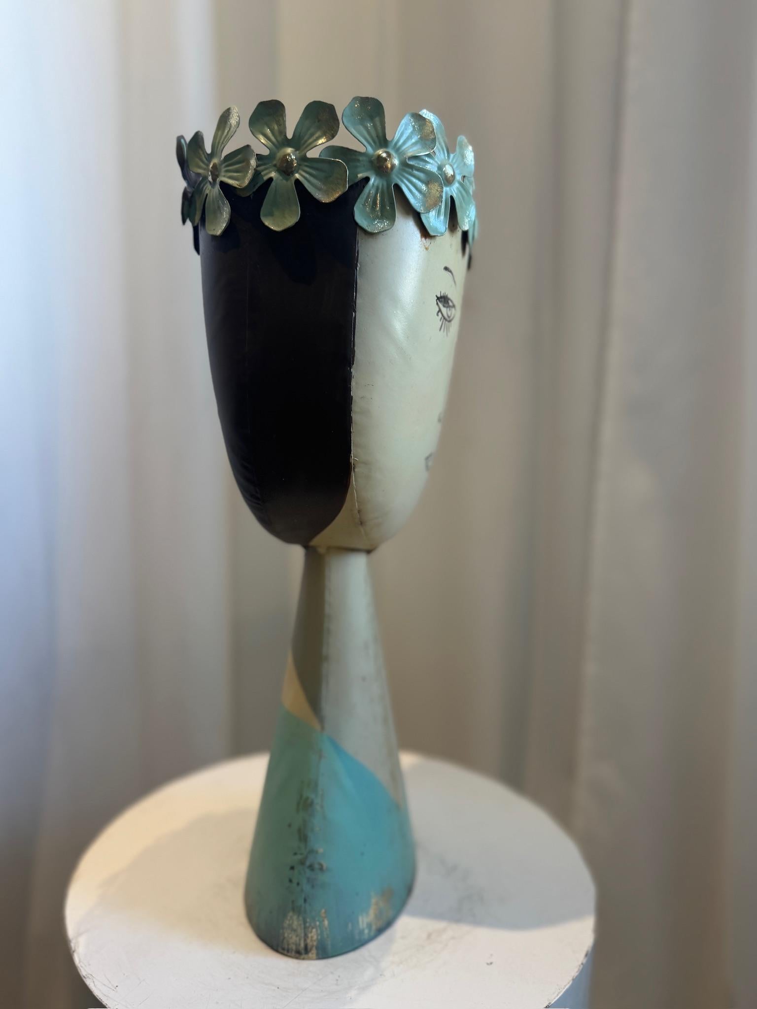Hand-Painted Whimsical Mid-Century Modern Metal Female Bust Planter with Aqua Floral Crown For Sale