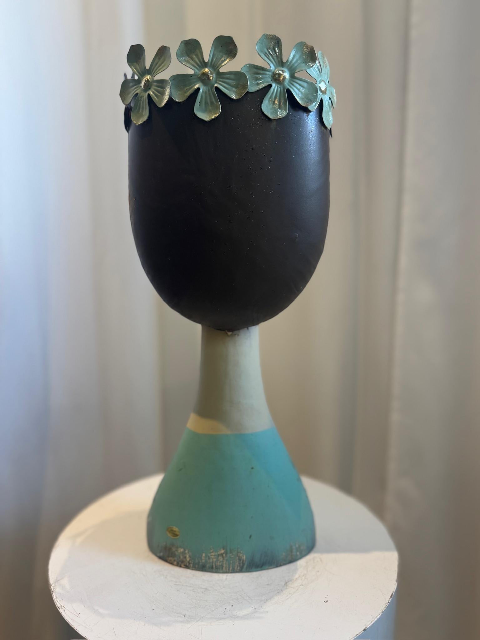 Whimsical Mid-Century Modern Metal Female Bust Planter with Aqua Floral Crown In Good Condition For Sale In West Hollywood, CA
