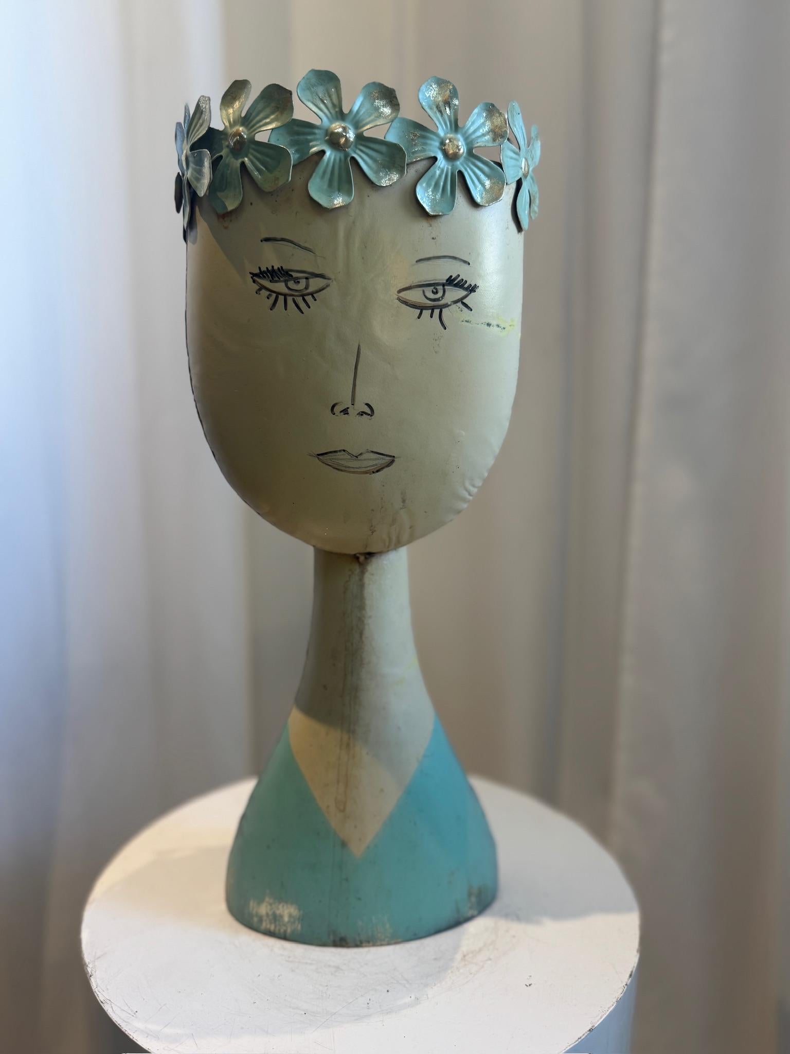 Whimsical Mid-Century Modern Metal Female Bust Planter with Aqua Floral Crown For Sale 1