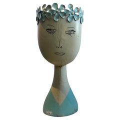 Whimsical Mid-Century Modern Metal Female Bust Planter with Aqua Floral Crown