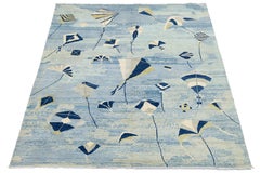 Tappeto moderno e stravagante in lana annodato a mano con motivo a aquiloni blu e avorio