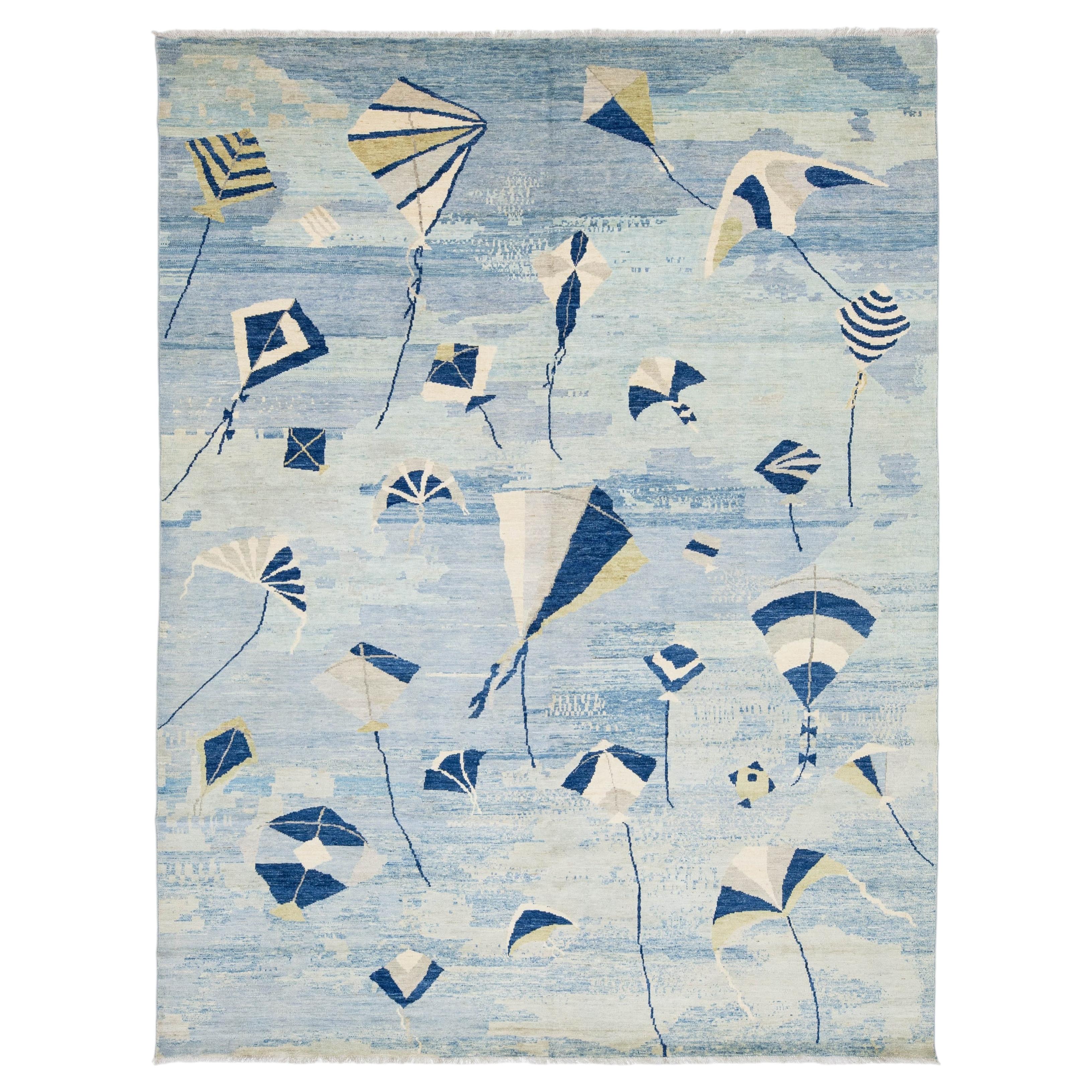 Whimsical Modern Blue & Ivory Kite Motif Hand-Knotted Wool Rug For Sale