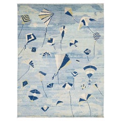 Tappeto moderno e stravagante in lana annodato a mano con motivo a aquiloni blu e avorio
