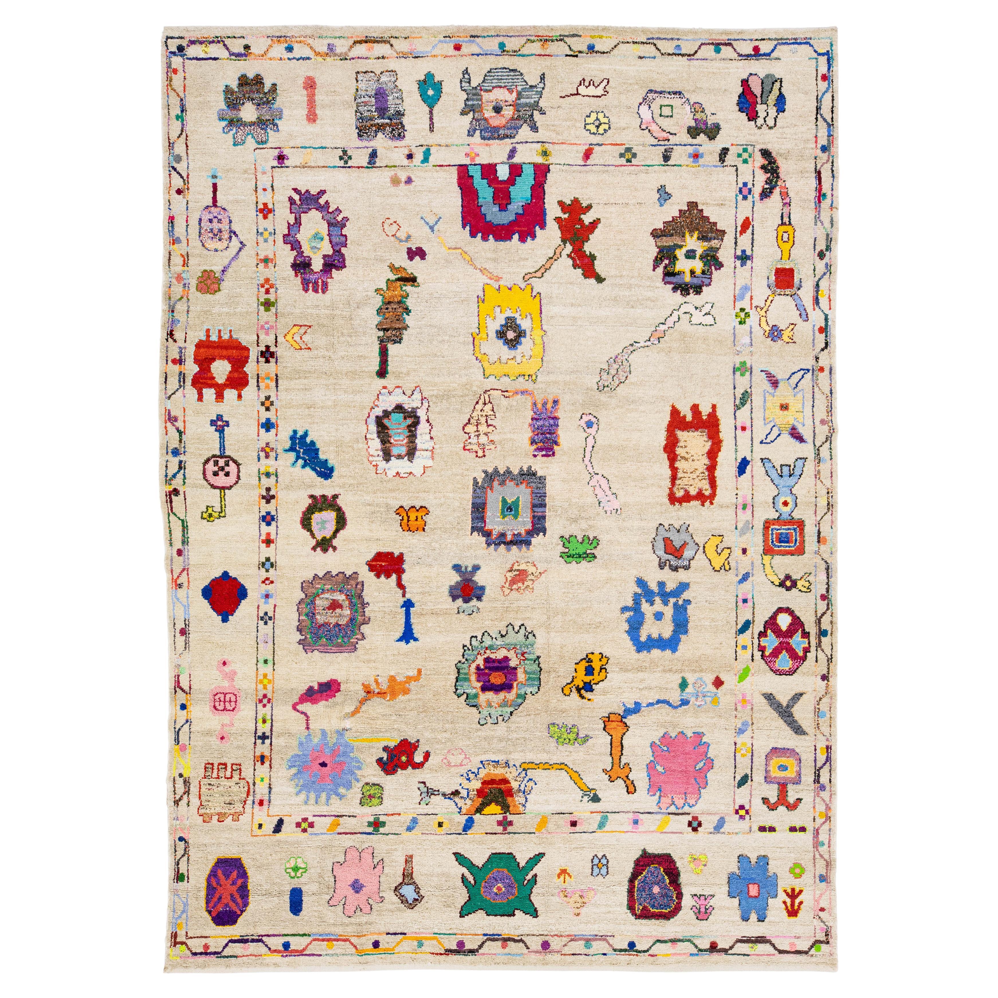 Whimsical Modern Turkish Hand-Knotted Wool Rug - Abstract Tribal Motifs on Cream