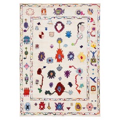 Tapis de laine turc noué à la main, moderne et fantaisiste -Ivoire avec motif tribal coloré