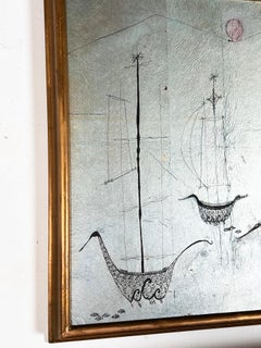 Whimsical Modernist Beat Era Painting on Silver Leaf By Iris Brody, C. 1950s