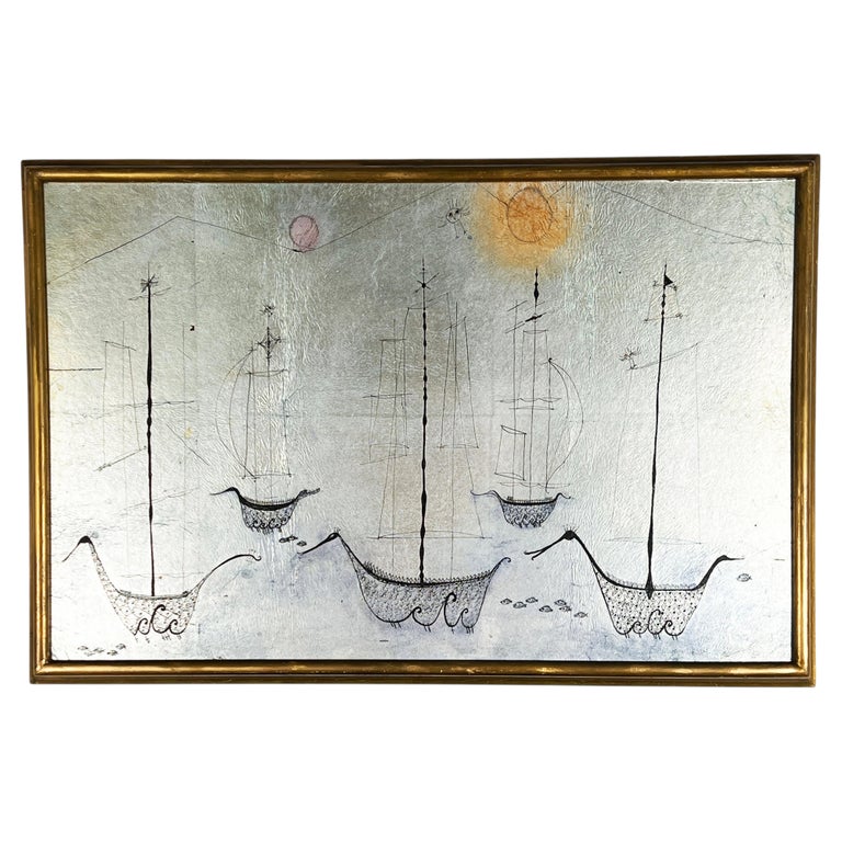Whimsical Modernist Beat Era Painting on Silver Leaf By Iris Brody, C. 1950s