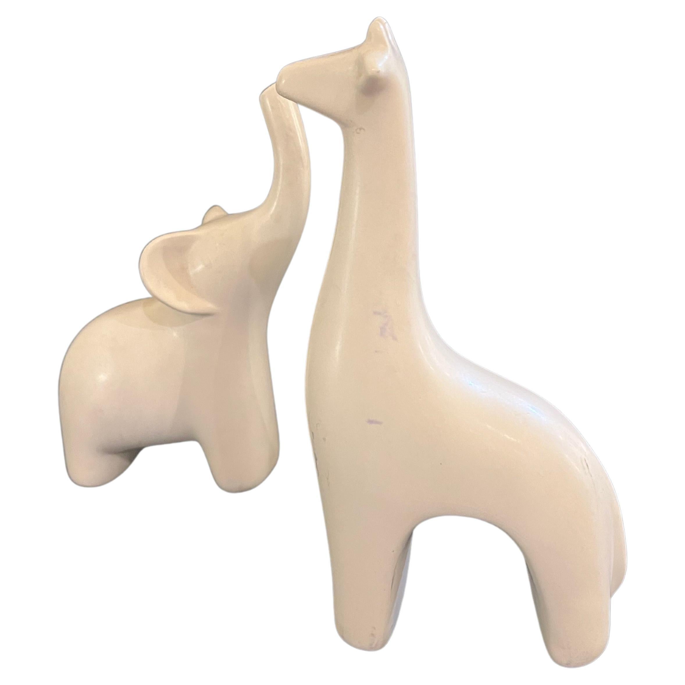 Whimsical Modernist Pair Of Elephant & Giraffe in Mate satin Porcelain Finish