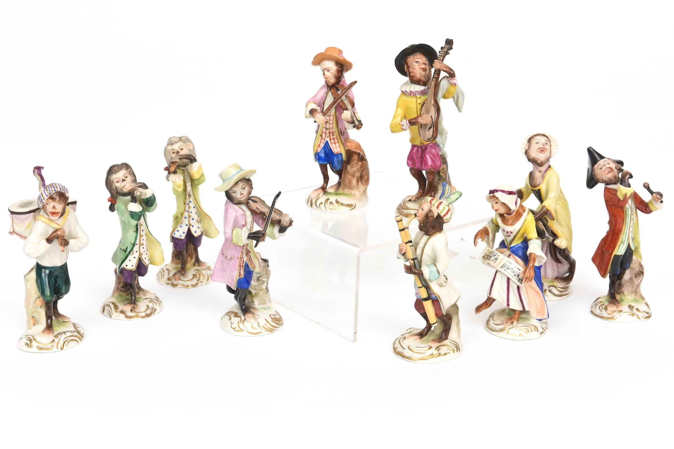 Whimsical Monkey Band Orchestra Meissen Style, Set of 10 Hand Painted Antique 1