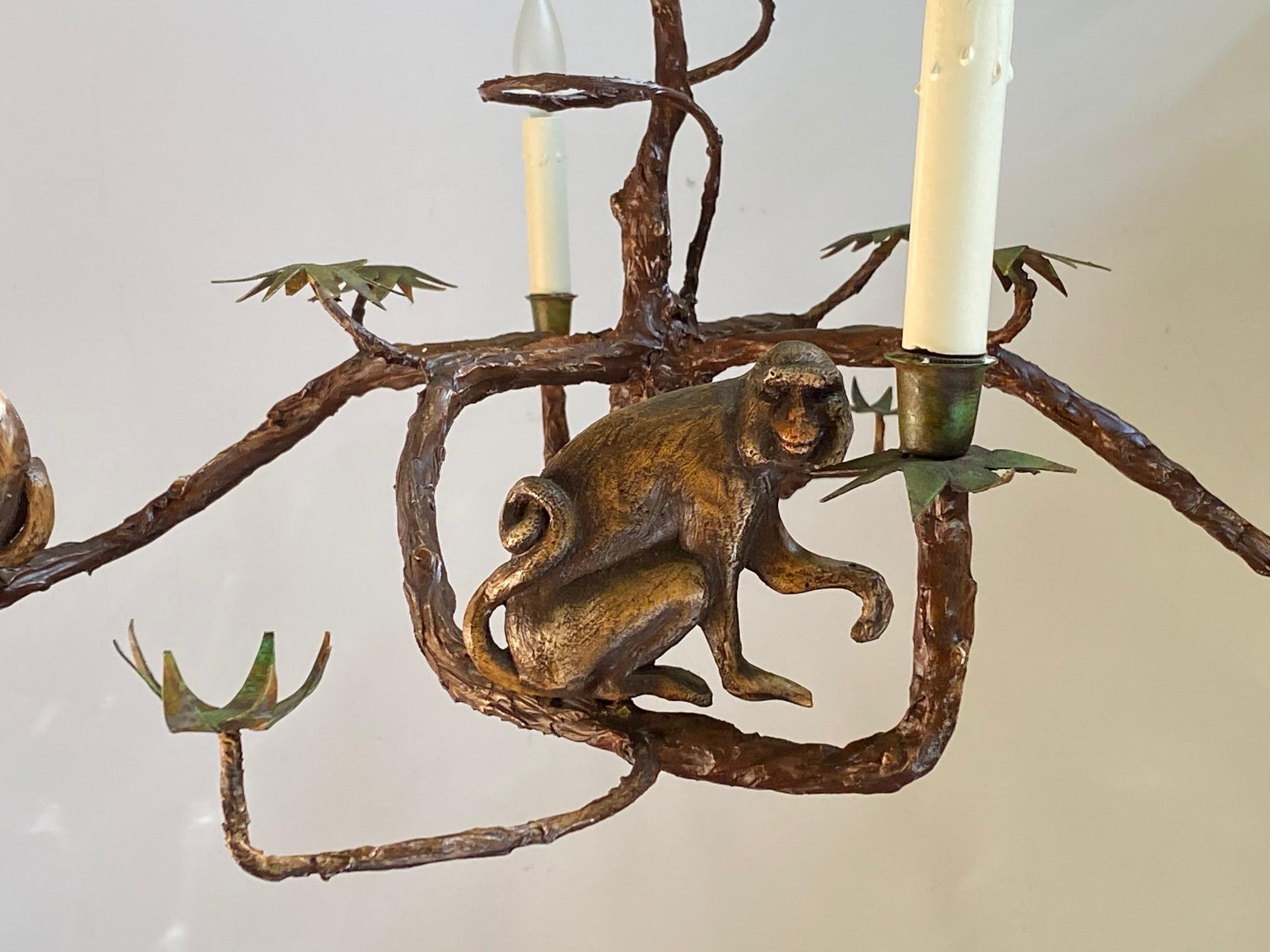Whimsical Monkey Motife Faux Bois Chandelier In Excellent Condition In Hopewell, NJ