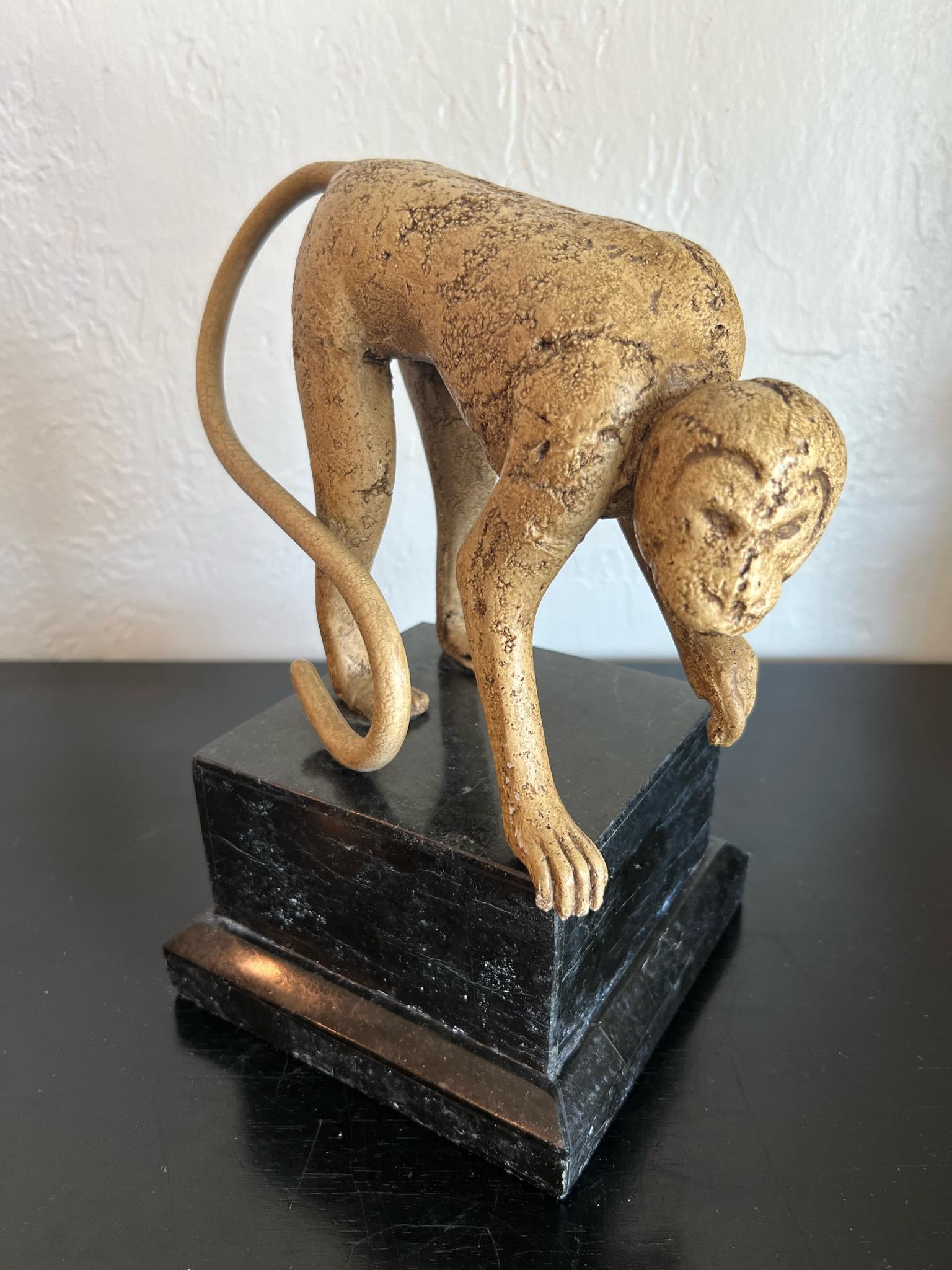 Hollywood Regency Whimsical Monkey Sculptures on Tessellated Stone Bases, Set of 3