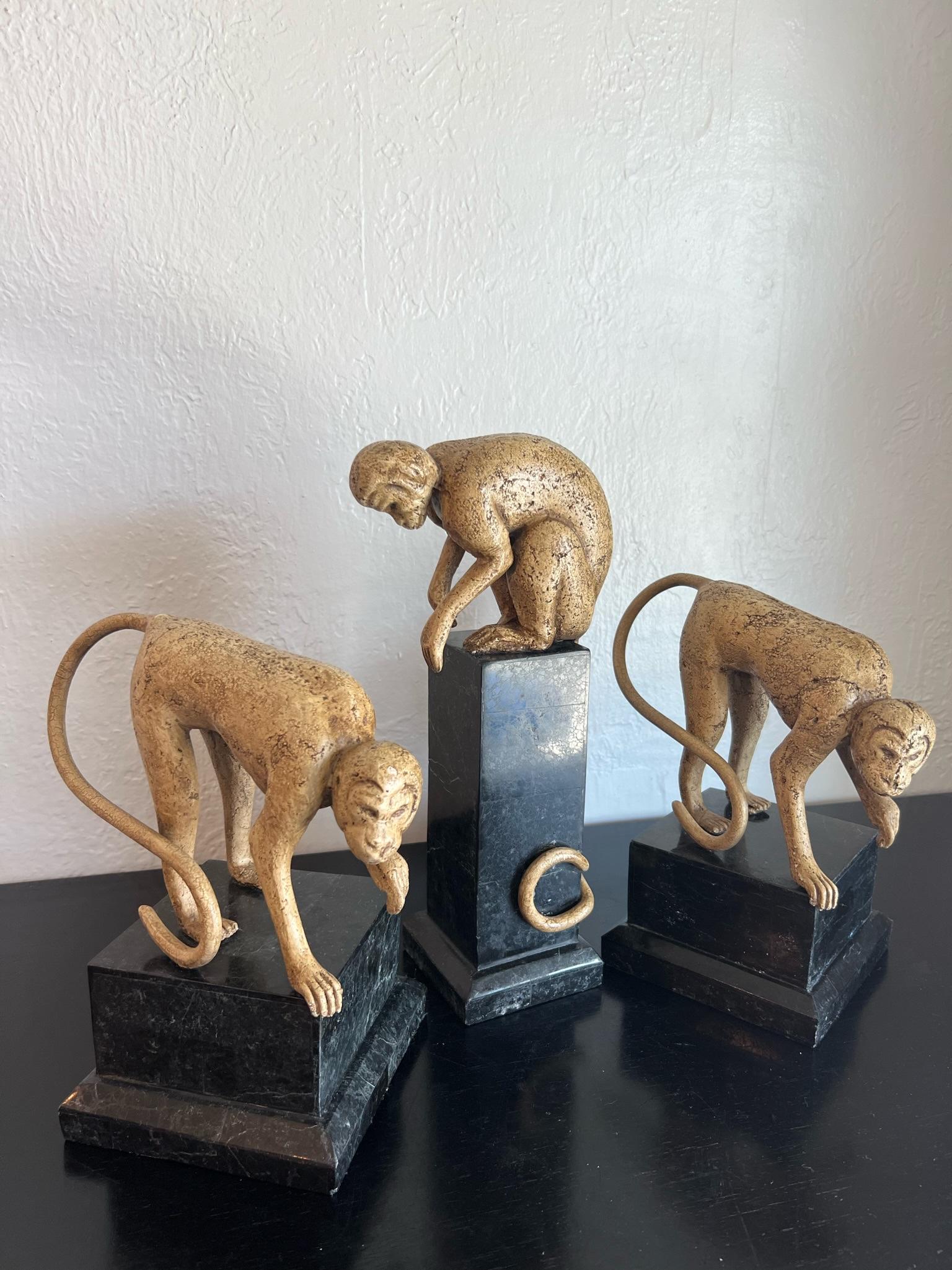 Whimsical Monkey Sculptures on Tessellated Stone Bases, Set of 3 3