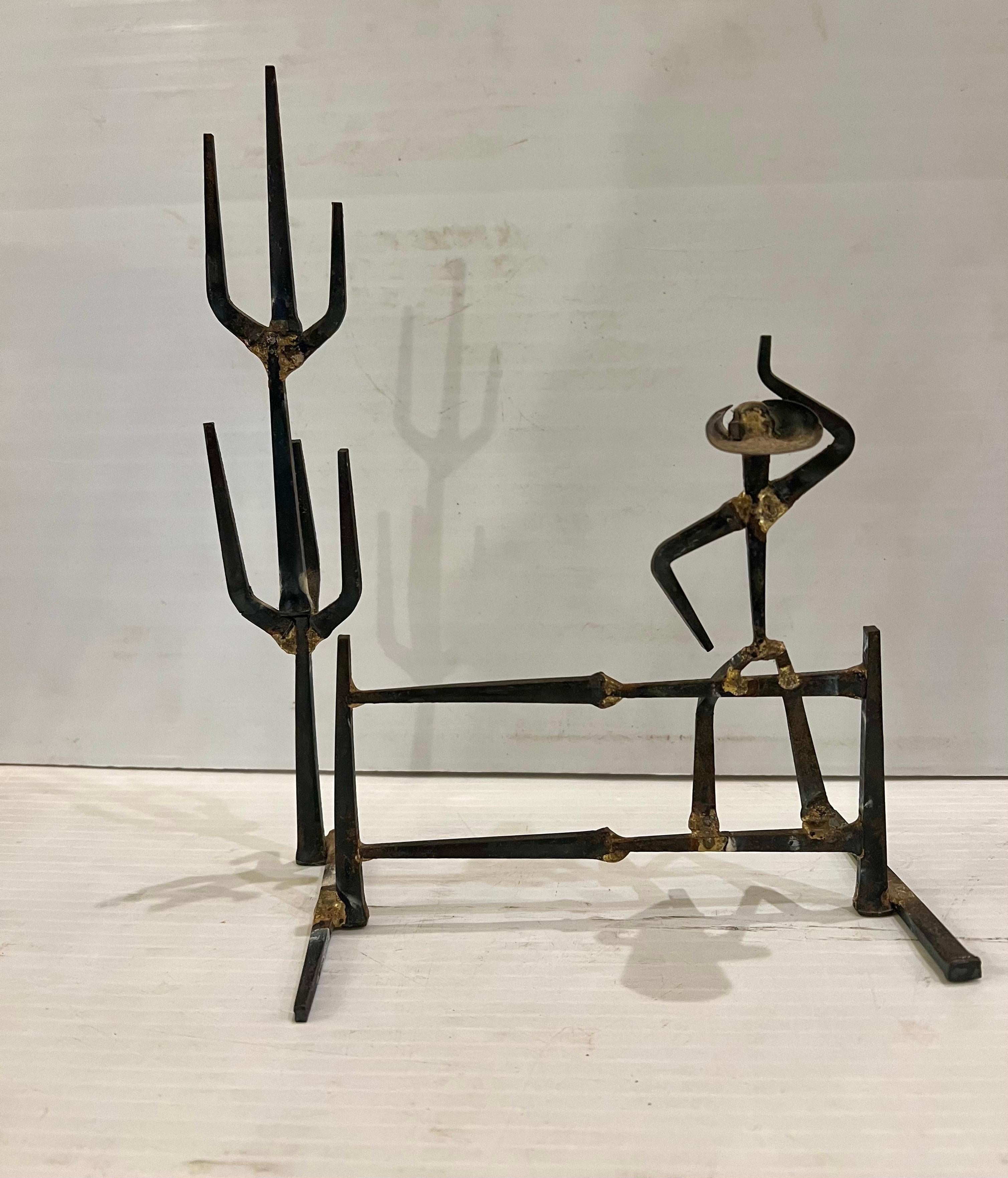 American Whimsical Nail Brass Sculpture Cowboy & Cactus on a Fence circa 1970's For Sale