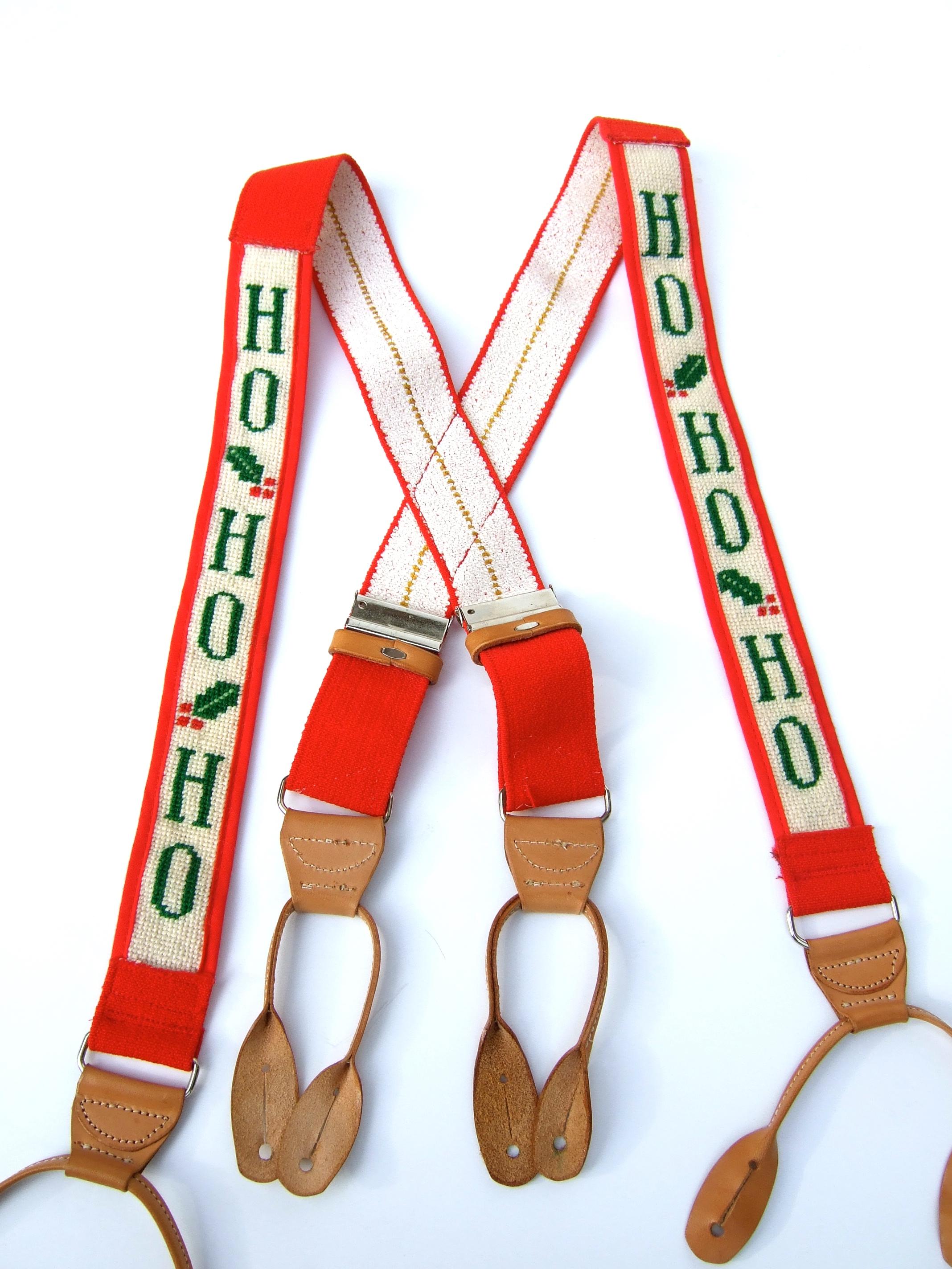 Brown Whimsical Needlepoint Christmas Holiday Themed Unisex Suspenders c 1980s For Sale