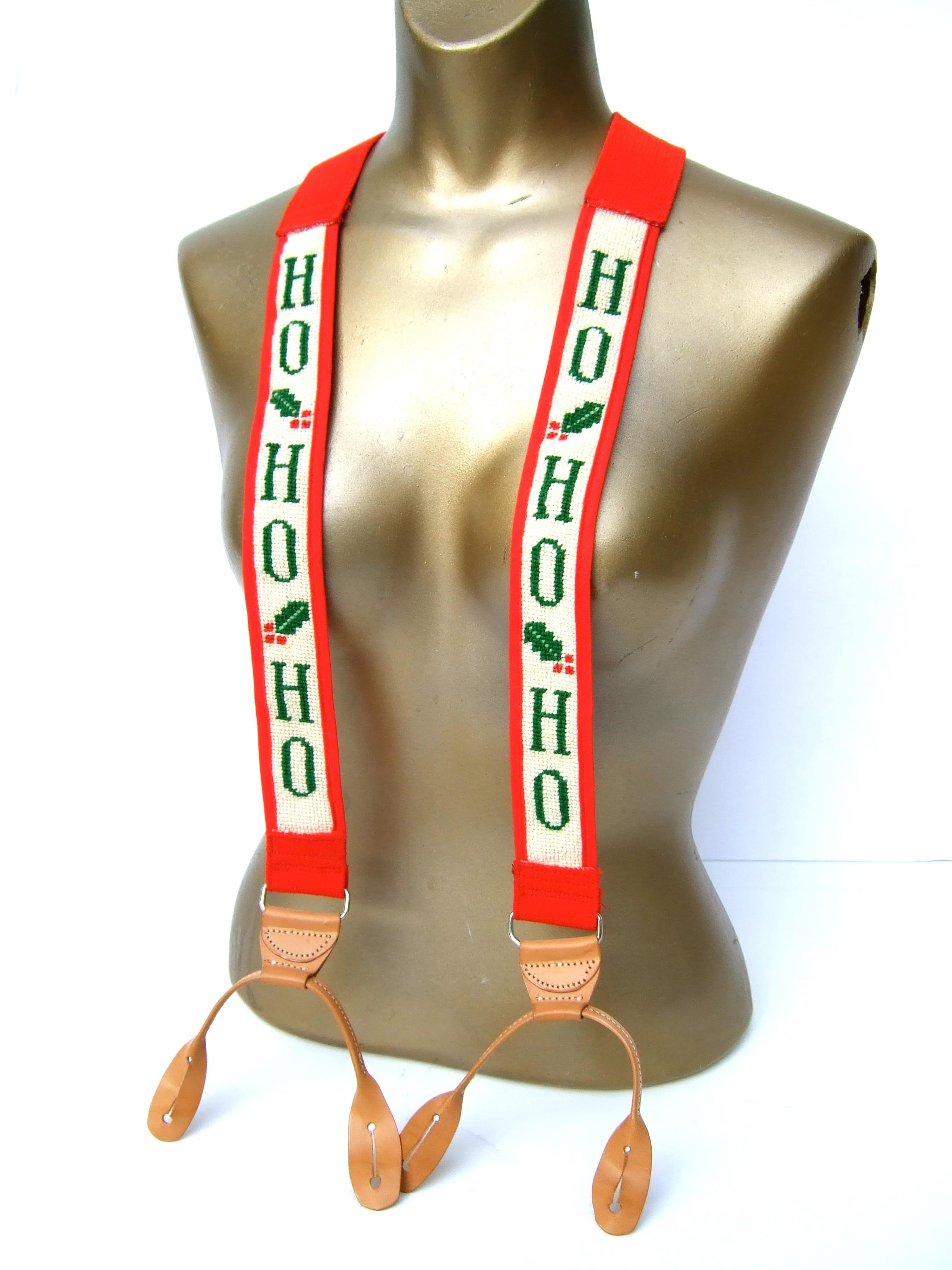 Whimsical Needlepoint Christmas Holiday Themed Unisex Suspenders c 1980s For Sale 1
