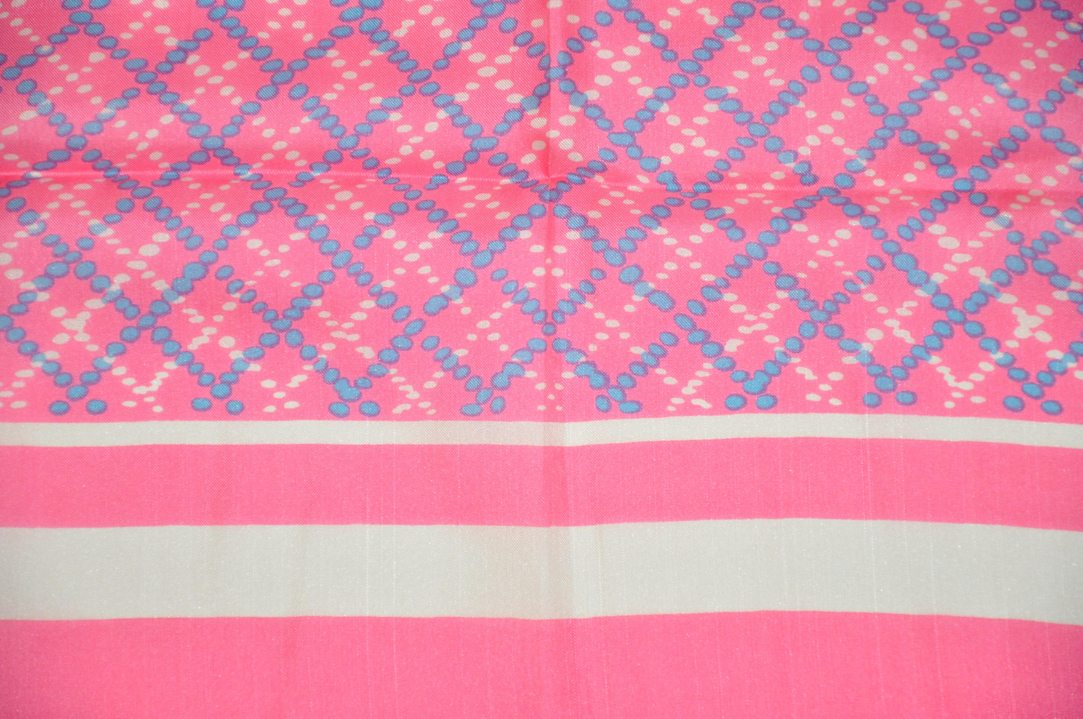 Whimsical Neon Pink with Specks of Baby Blue & White Silk Scarf For Sale 1