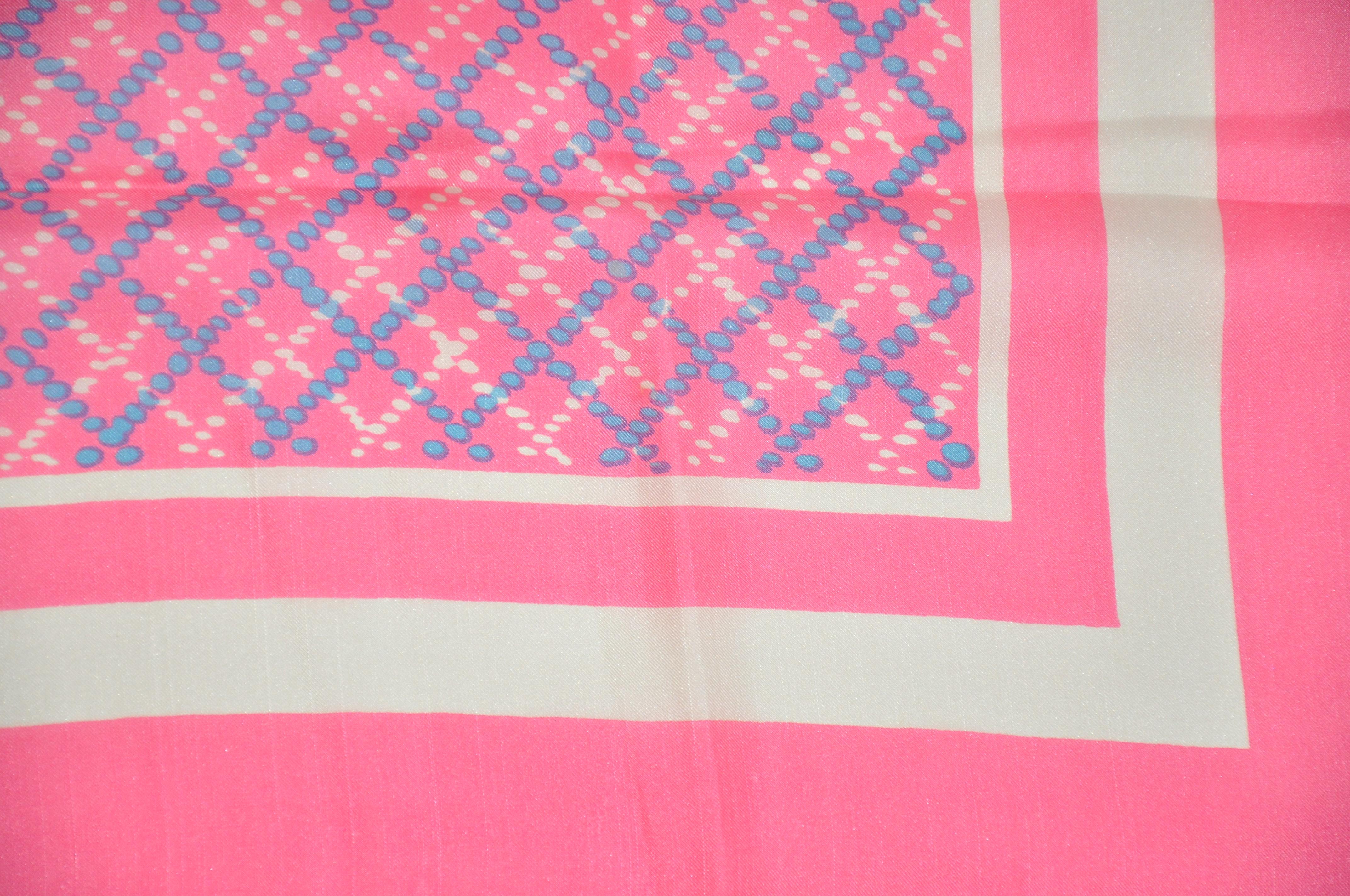 Whimsical Neon Pink with Specks of Baby Blue & White Silk Scarf For Sale 2