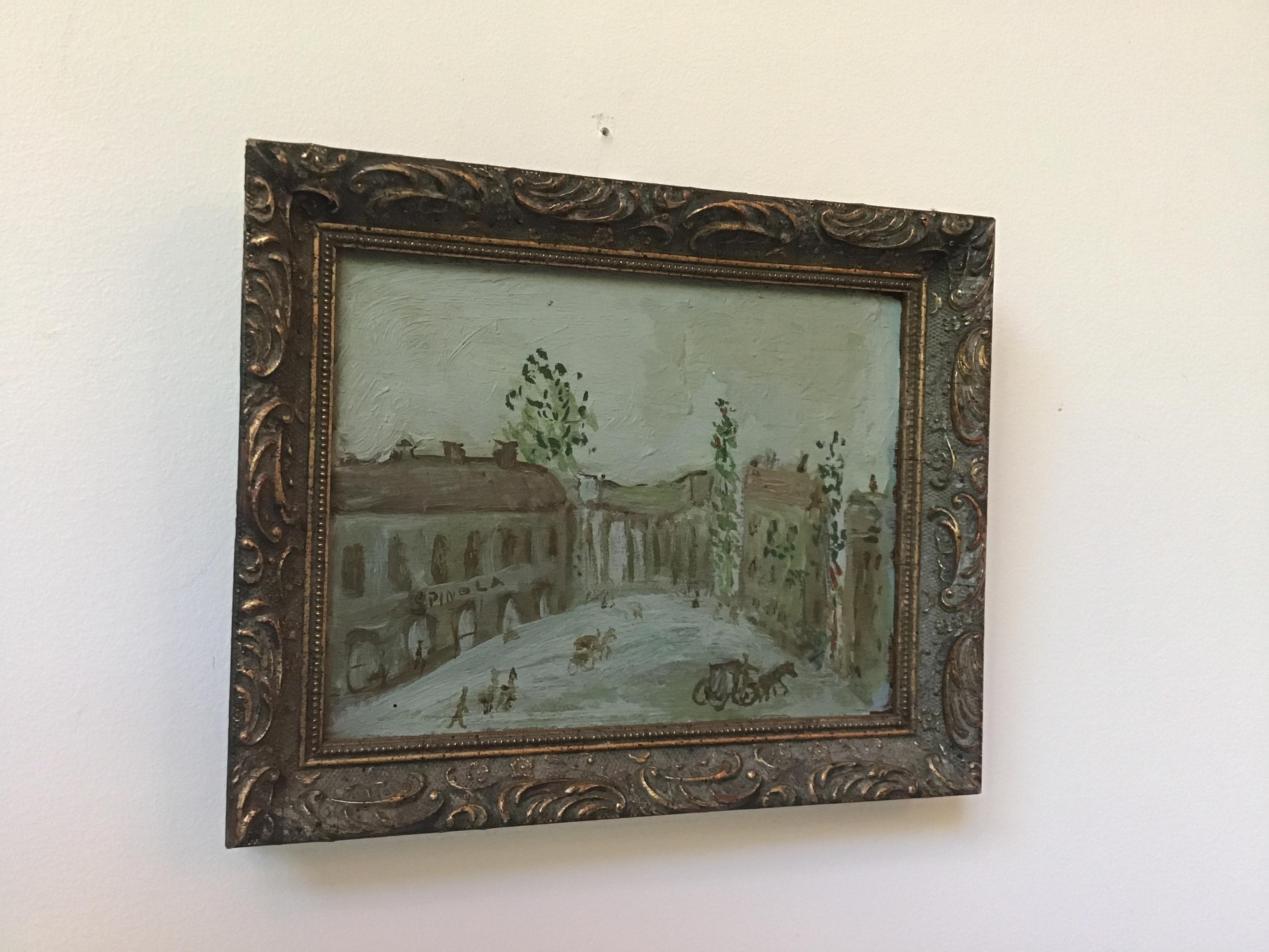 Whimsical small oil on board painting of a European town. Signed Spinola. Out of. Southampton, NY estate.