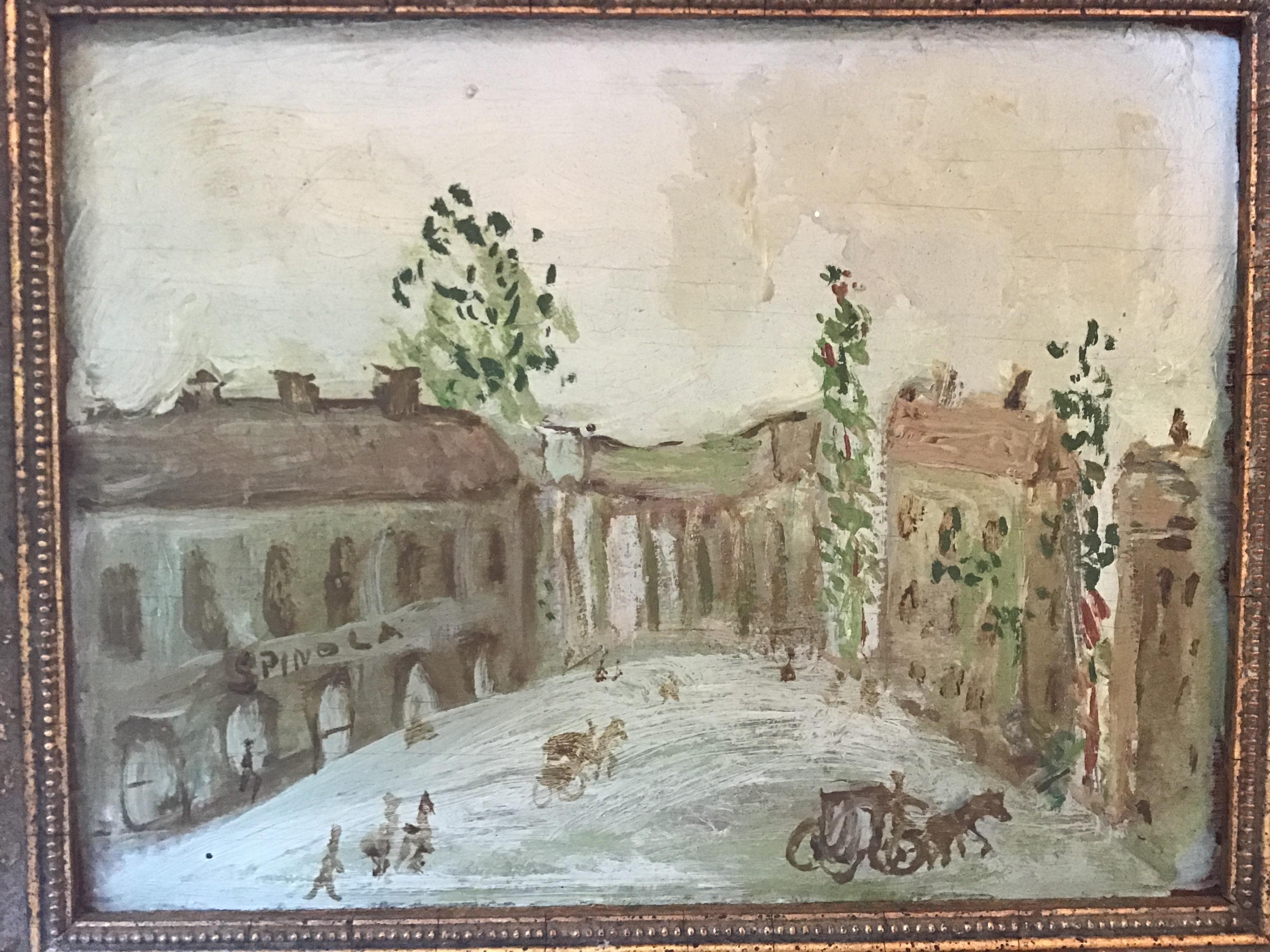 Mid-20th Century Whimsical Oil on Board of European Town Signed Spinola For Sale