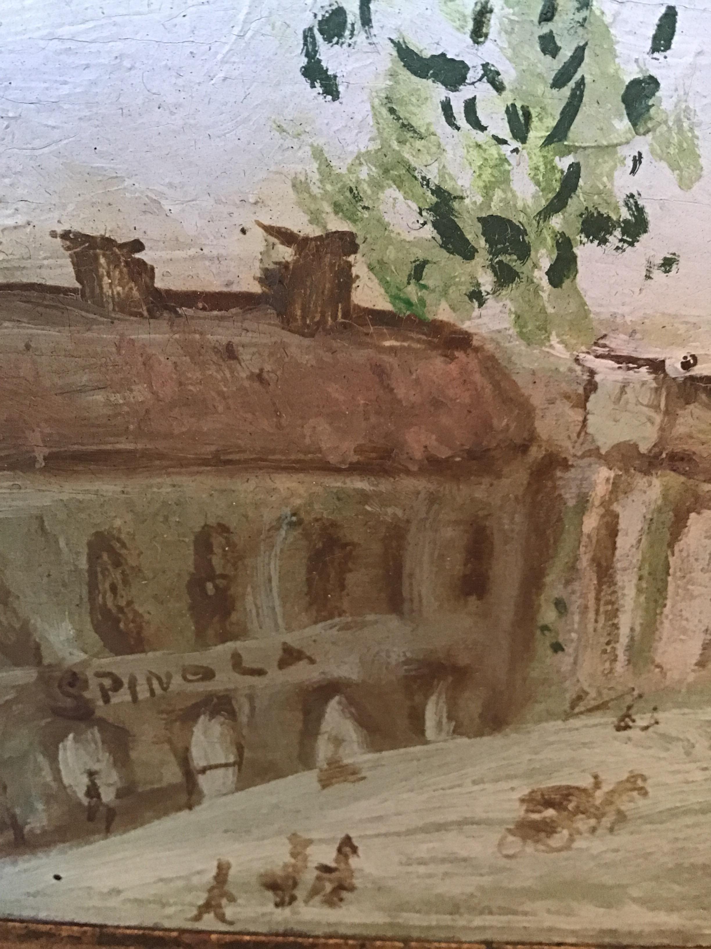 Paint Whimsical Oil on Board of European Town Signed Spinola For Sale
