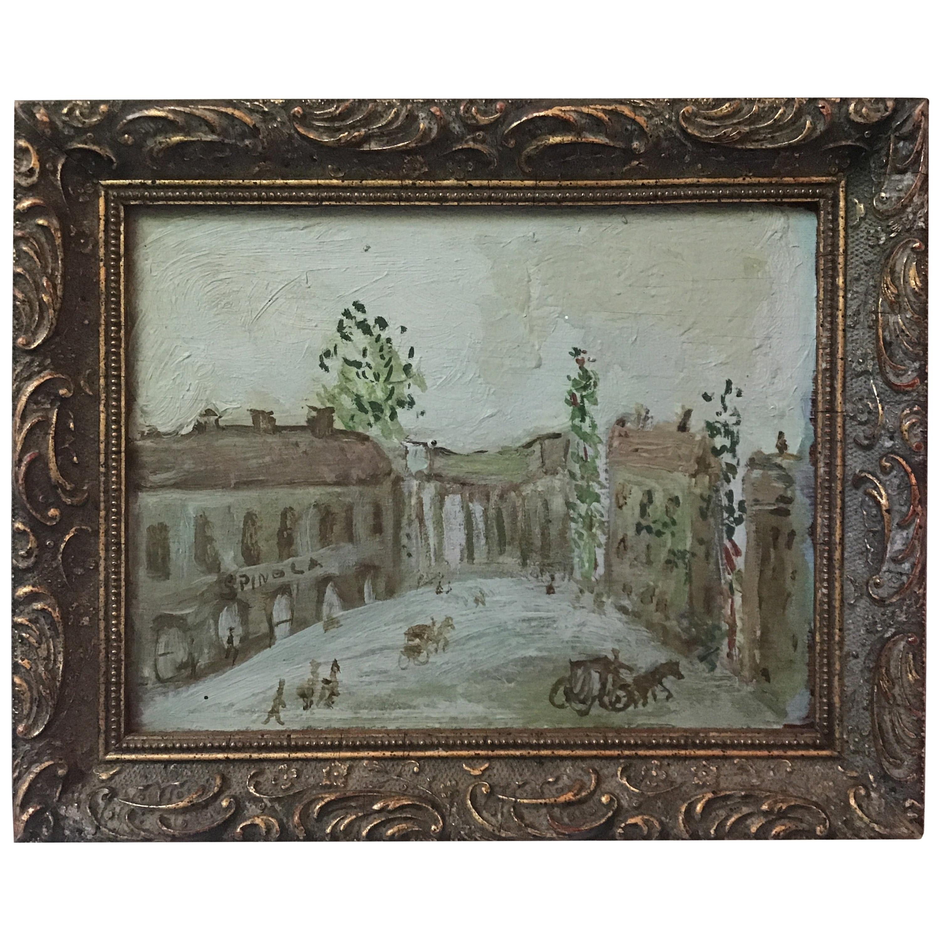 Whimsical Oil on Board of European Town Signed Spinola