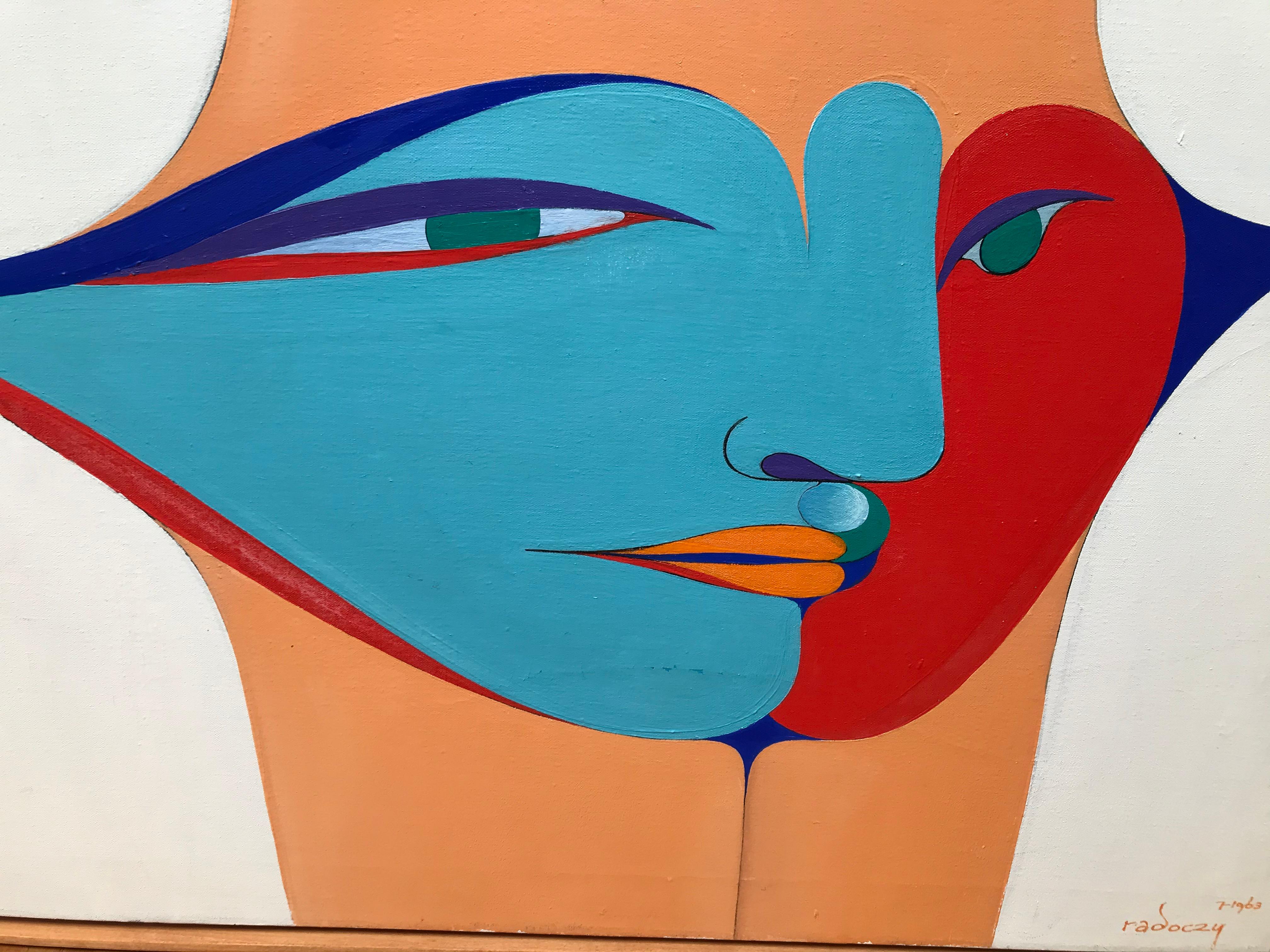Another eye-catching piece by Radoczy showcases a woman's abdomen covered by a wide whimsical face reaching each side of the canvas. Radoczy has mastered using radiant colors and clean lines, providing us with yet another stunning piece. Albert