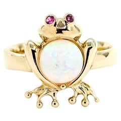 Whimsical Opal & Ruby Frog Ring in 14k Yellow Gold