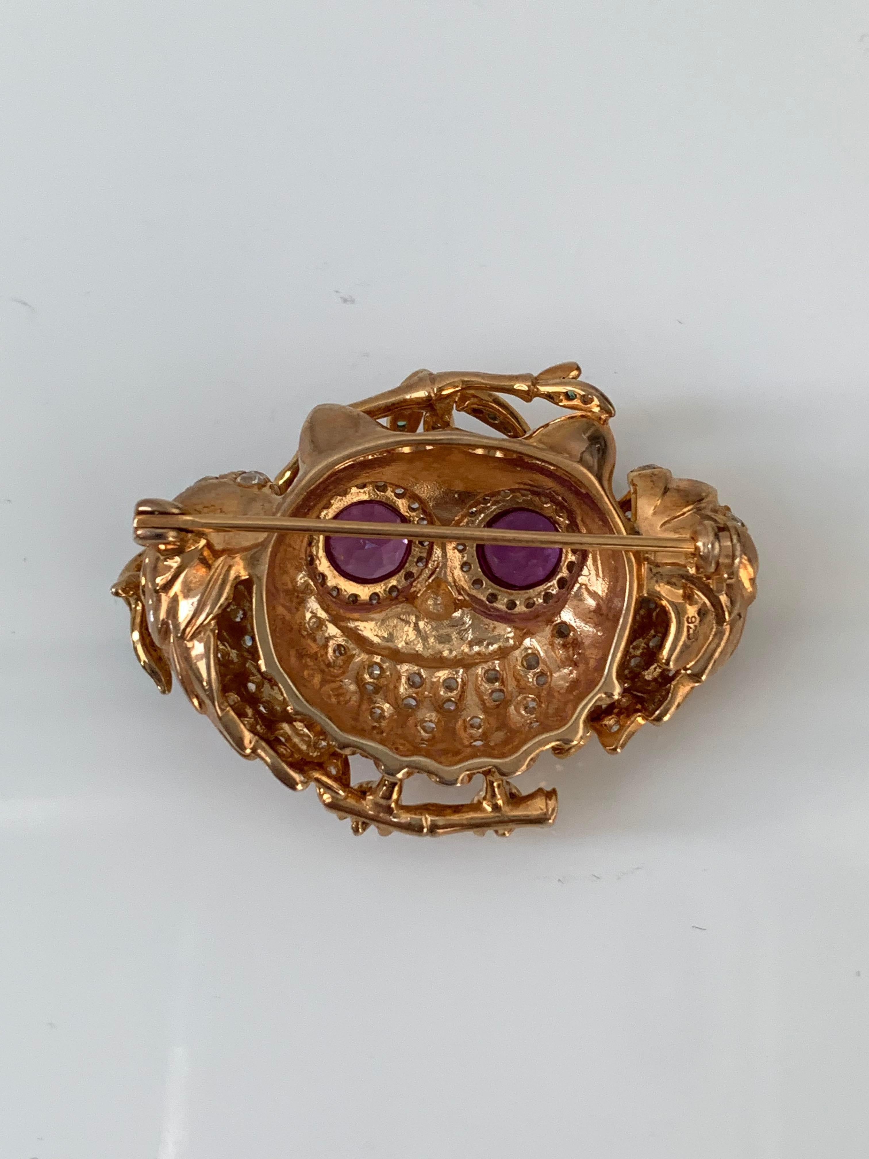 Contemporary Whimsical Owl on a branch vermeil brooch