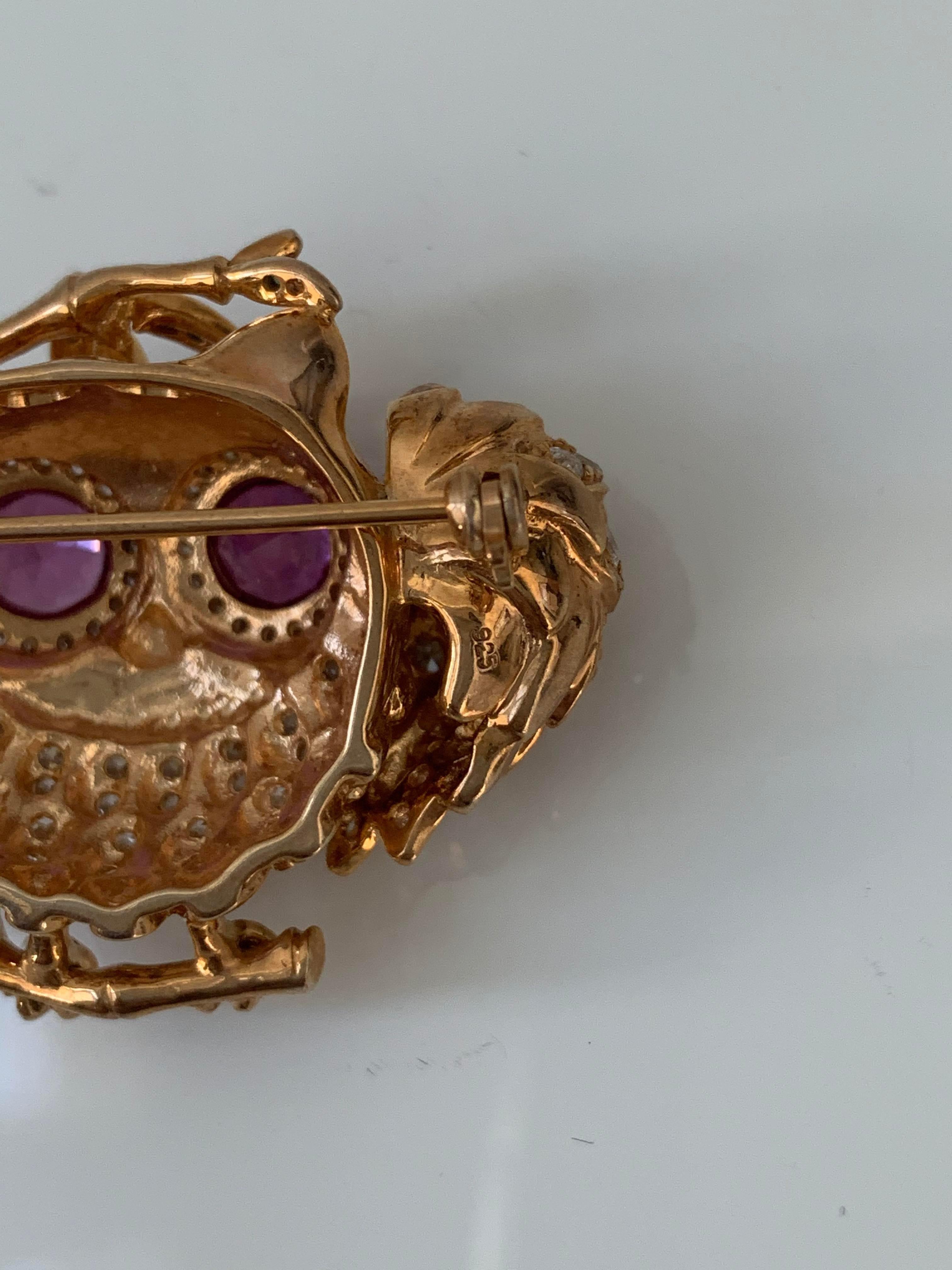 Cabochon Whimsical Owl on a branch vermeil brooch