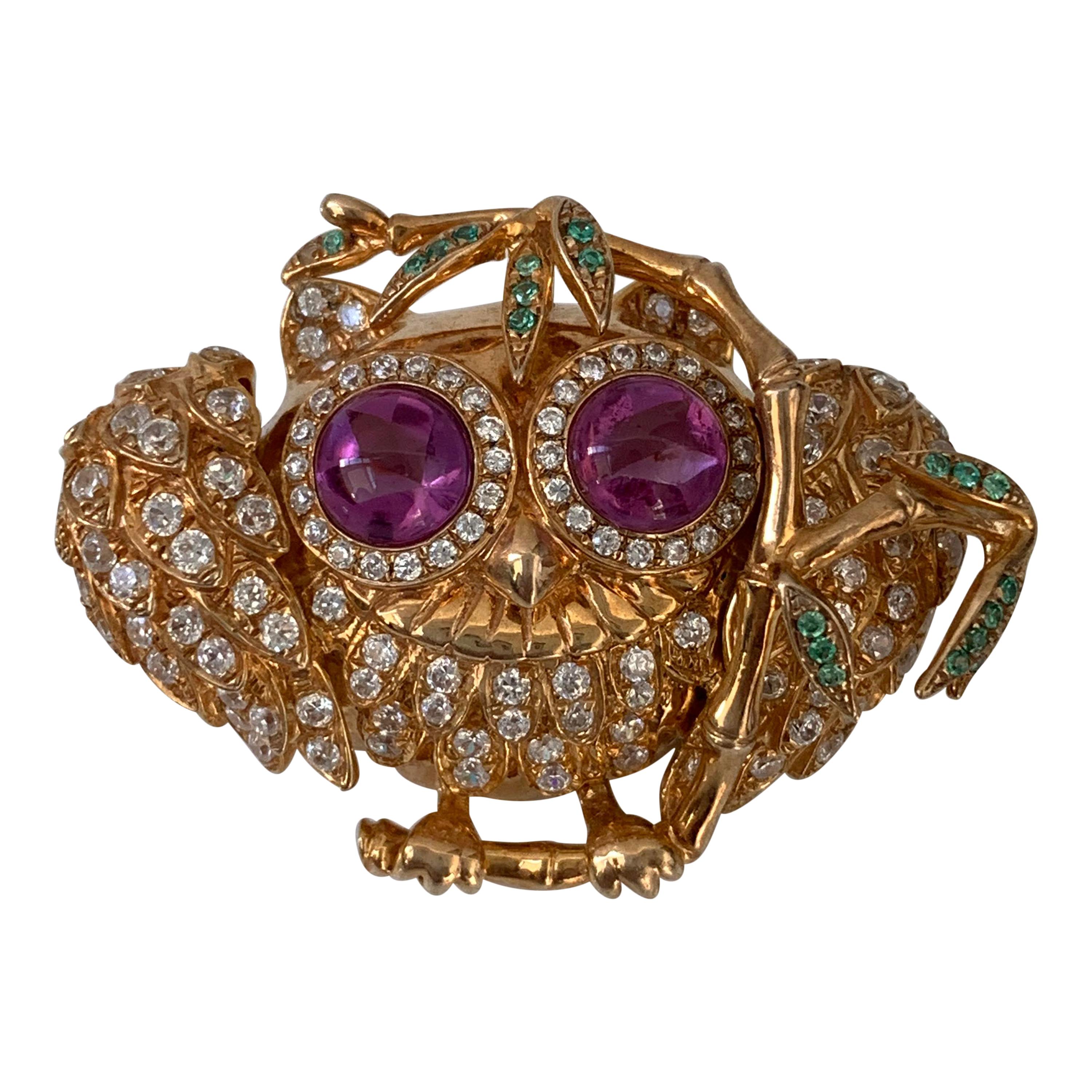 Whimsical Owl on a branch vermeil brooch