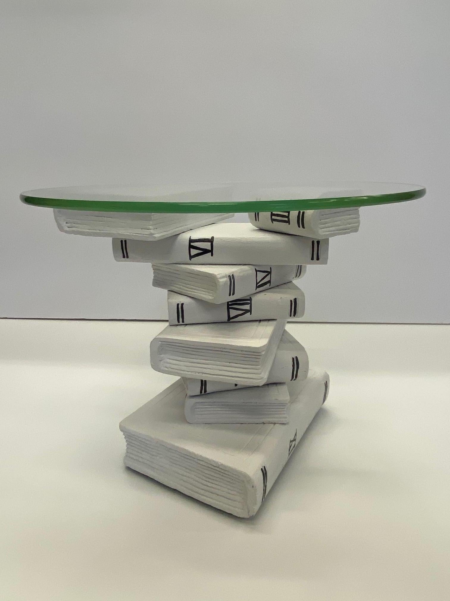 Glass Whimsical Painted Black and White Stack of Books Side Table For Sale