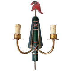 Whimsical painted metal sheet and gold leaf Bastille sconce att. Baguès - 1960's